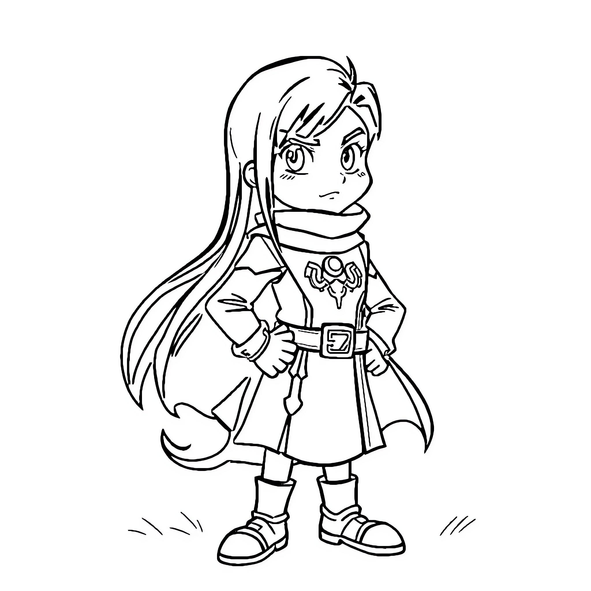Kazturoa Hanemiya in adventurous attire Coloring Page (free black-and-white line drawing printable PDF for all, from beginners to advanced learners, including children, teens, adults, and seniors)