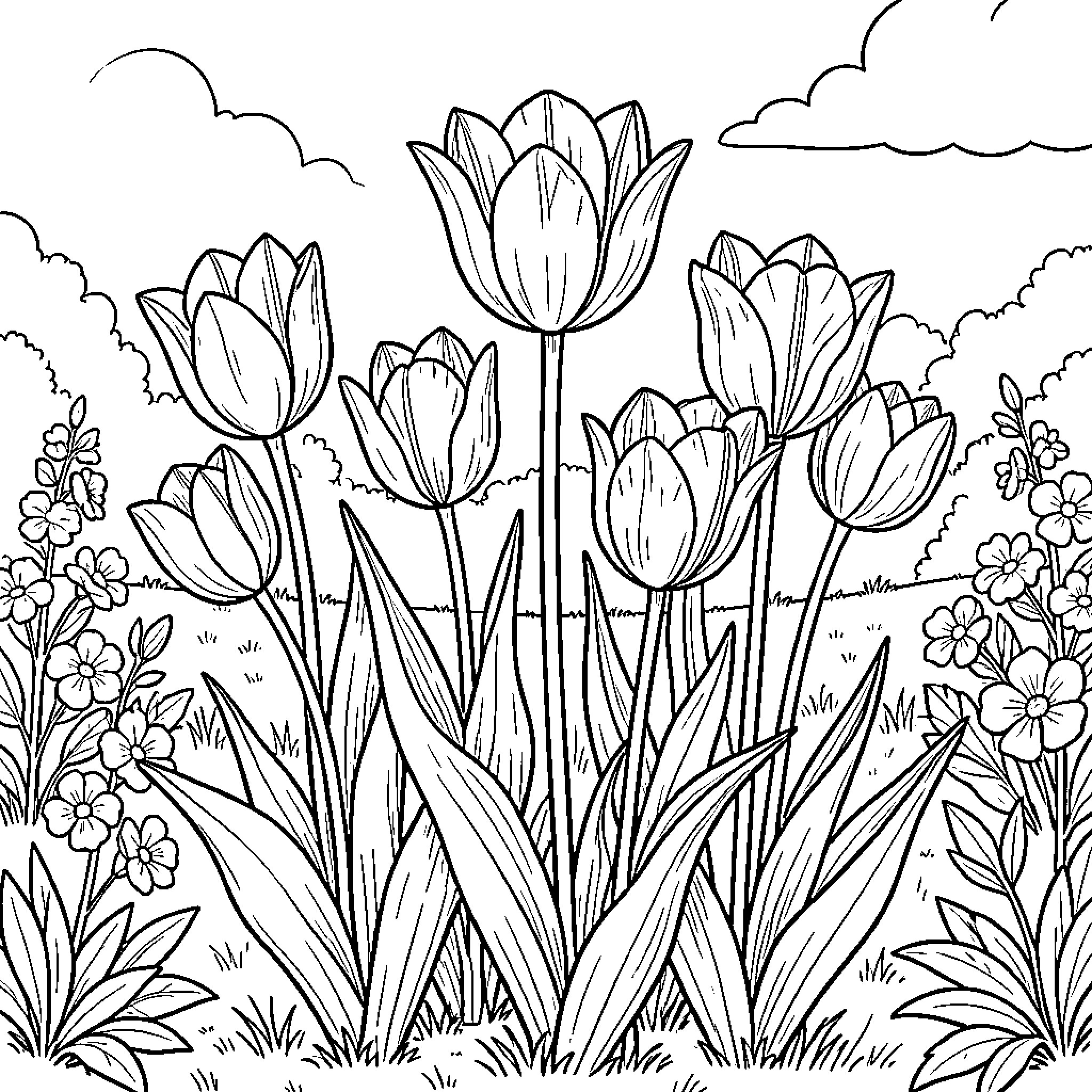 Tulip flowers blooming in a peaceful garden landscape Coloring Page (free black-and-white line drawing printable PDF for all, from beginners to advanced learners, including children, teens, adults, and seniors)
