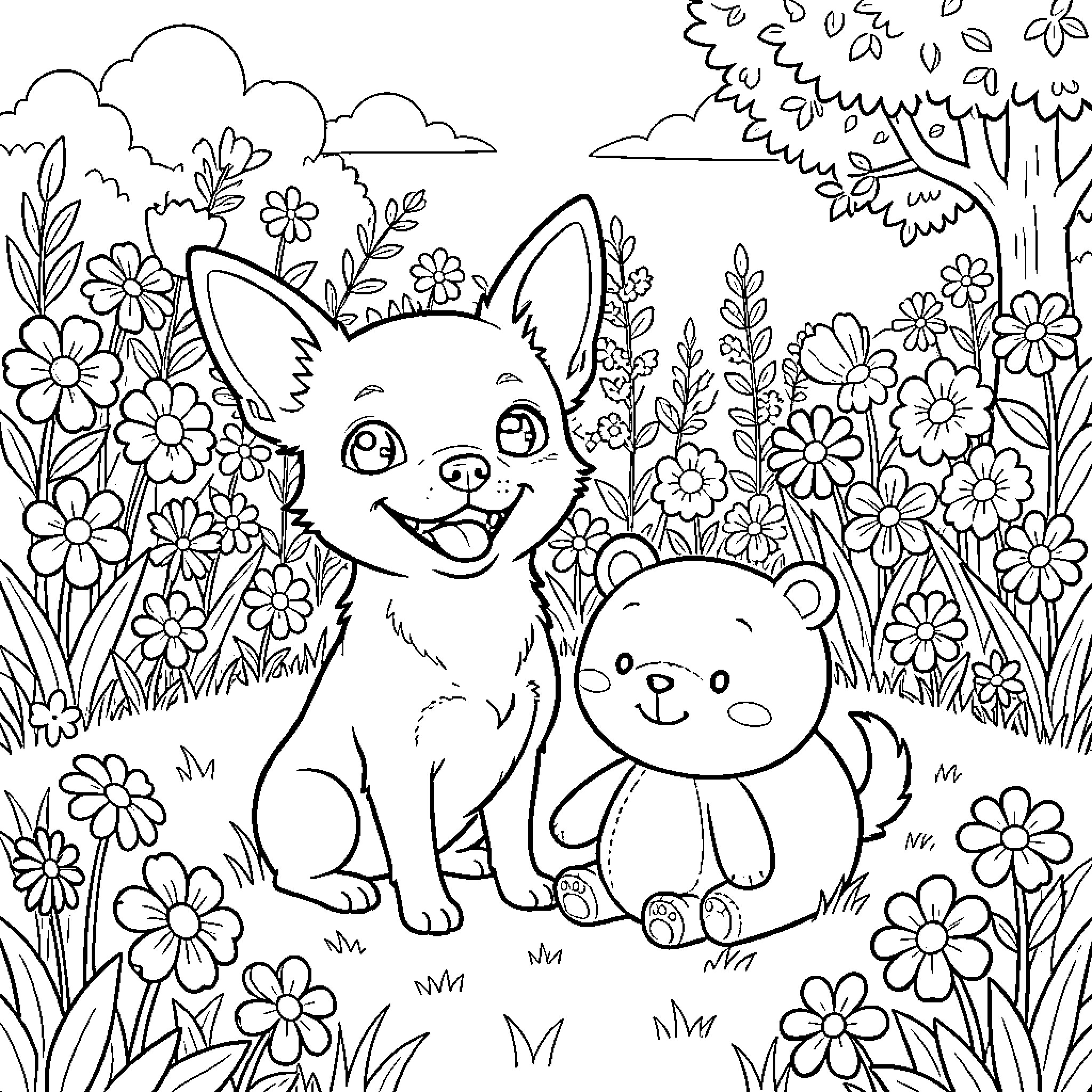 Chihuahua and Teddy Bear in Floral Garden Coloring Page (free black-and-white line drawing printable PDF for all, from beginners to advanced learners, including children, teens, adults, and seniors)