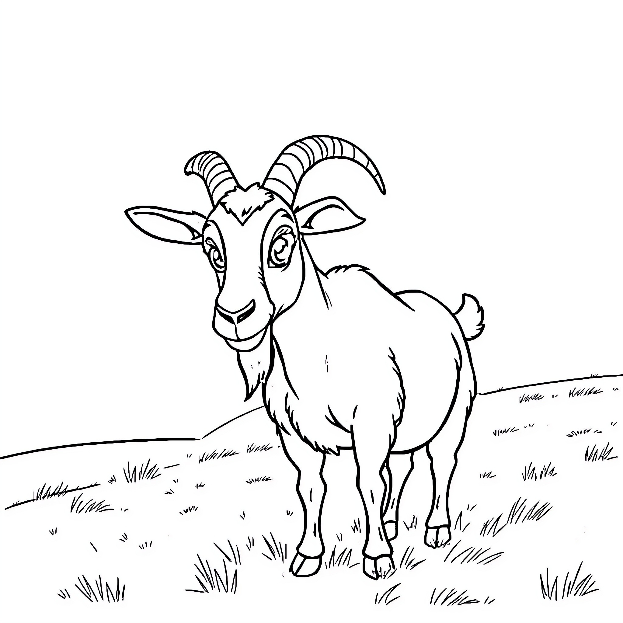 Goat standing in grassy field Coloring Page (free black-and-white line drawing printable PDF for all, from beginners to advanced learners, including children, teens, adults, and seniors)