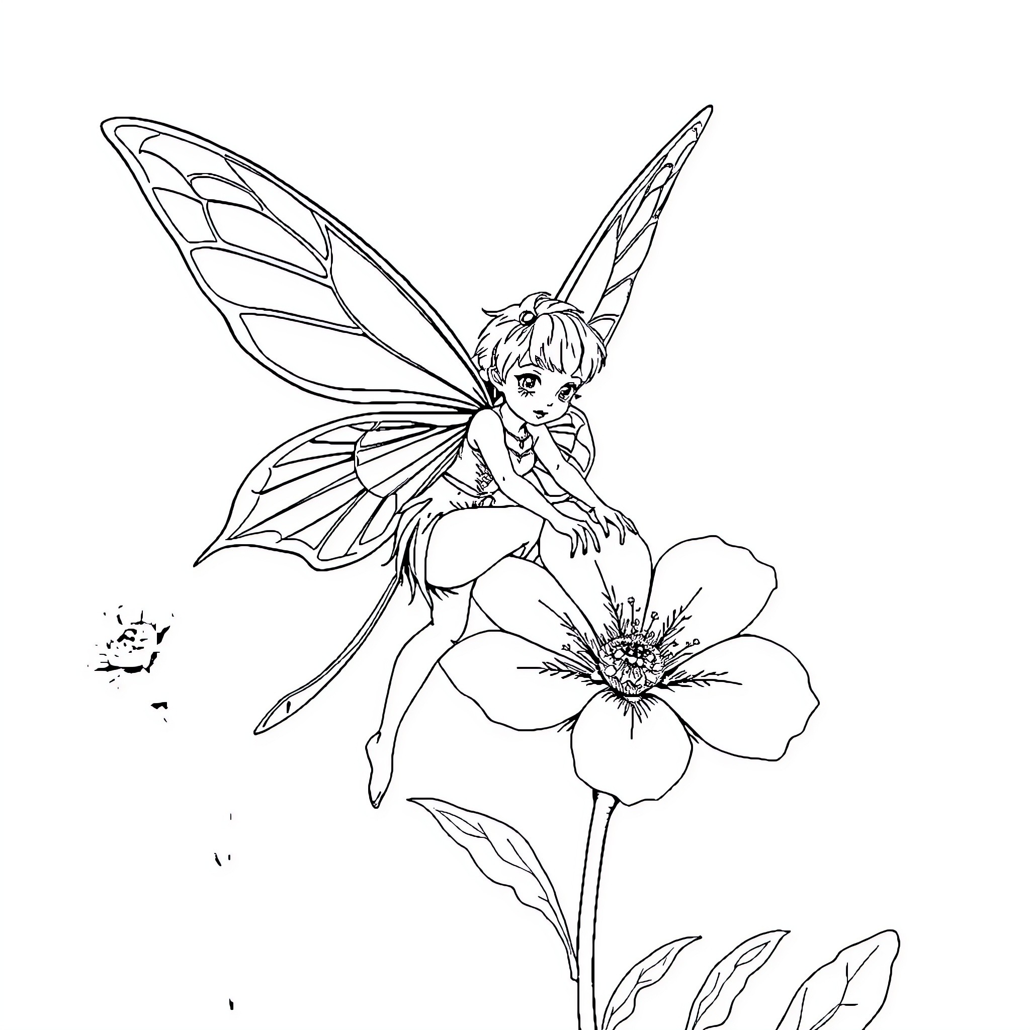 Fairy resting on a flower Coloring Page (free black-and-white line drawing printable PDF for all, from beginners to advanced learners, including children, teens, adults, and seniors)