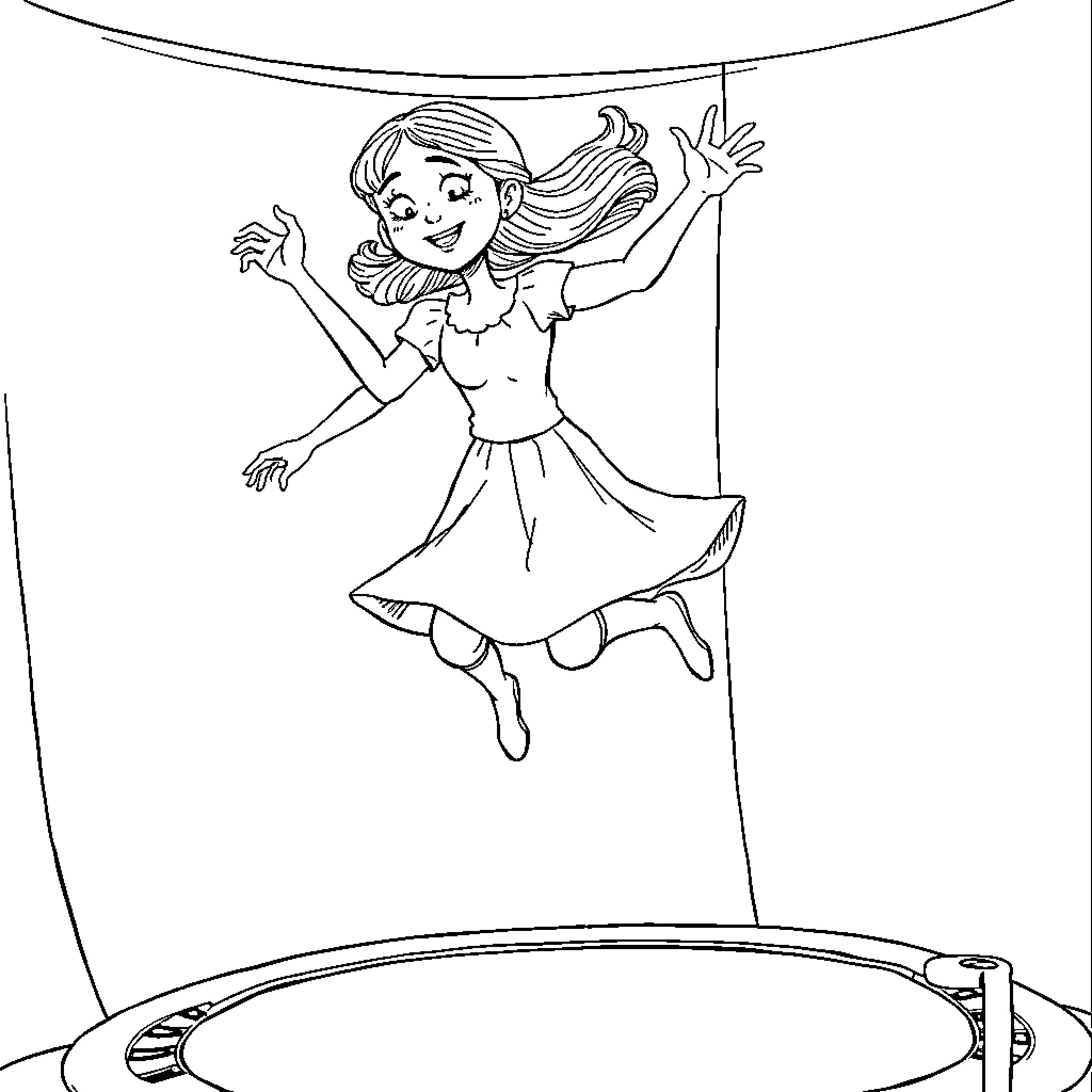 Wednesday Addams joyfully jumping on trampoline Coloring Page (free black-and-white line drawing printable PDF for all, from beginners to advanced learners, including children, teens, adults, and seniors)