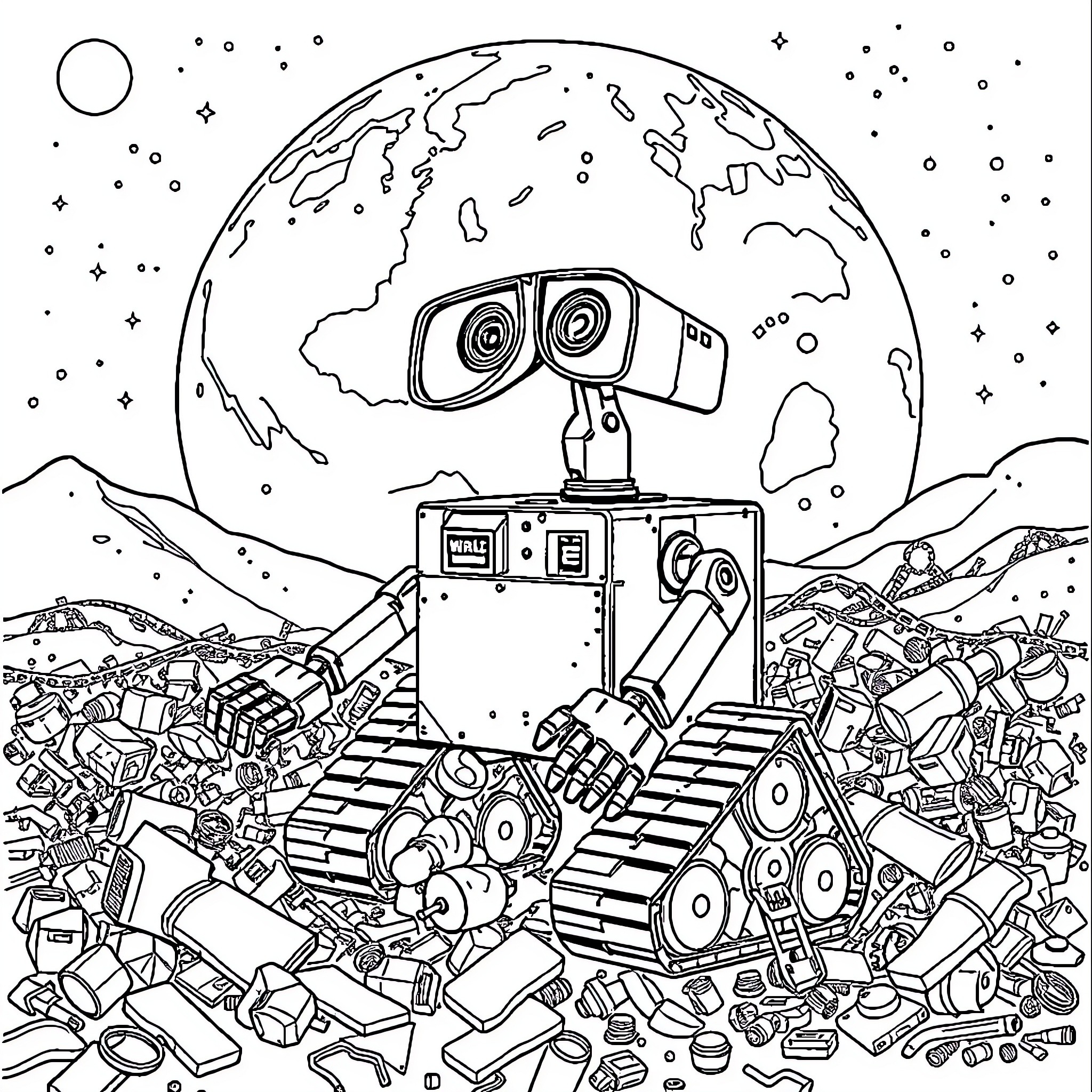 Wall-E exploring the vast and rugged landscape Coloring Page (free black-and-white line drawing printable PDF for all, from beginners to advanced learners, including children, teens, adults, and seniors)