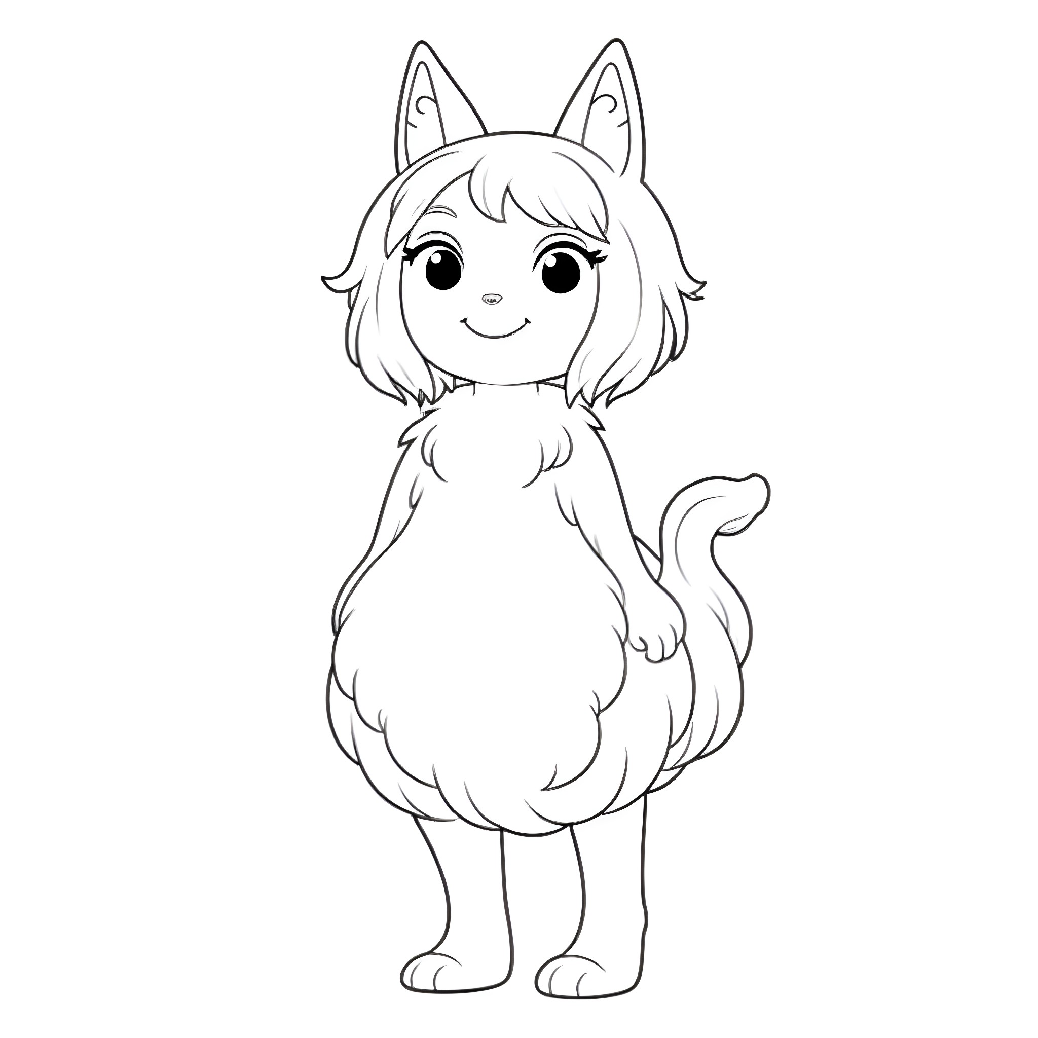 Saniro's Cheerful Cat-Eared Friend Coloring Page (free black-and-white line drawing printable PDF for all, from beginners to advanced learners, including children, teens, adults, and seniors)