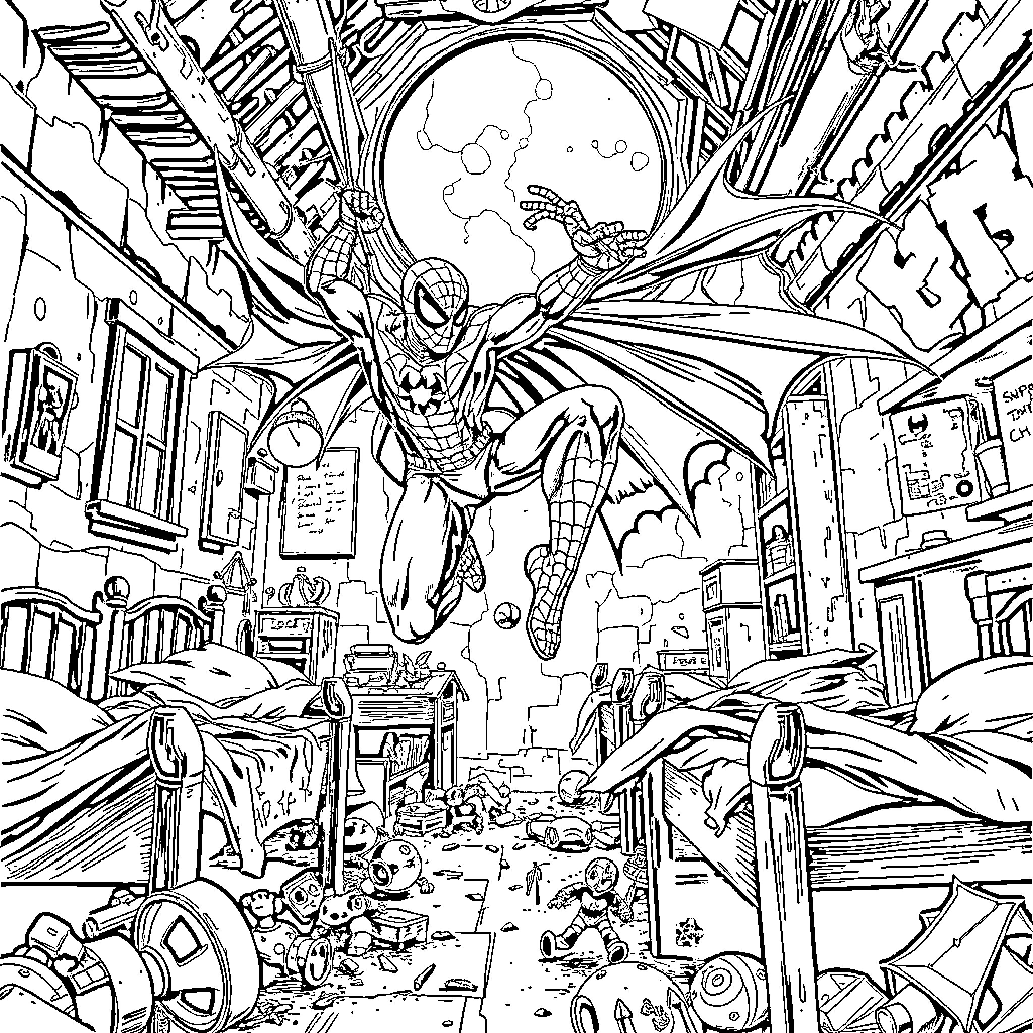 Spiderman swinging through the chaotic city scene Coloring Page (free black-and-white line drawing printable PDF for all, from beginners to advanced learners, including children, teens, adults, and seniors)