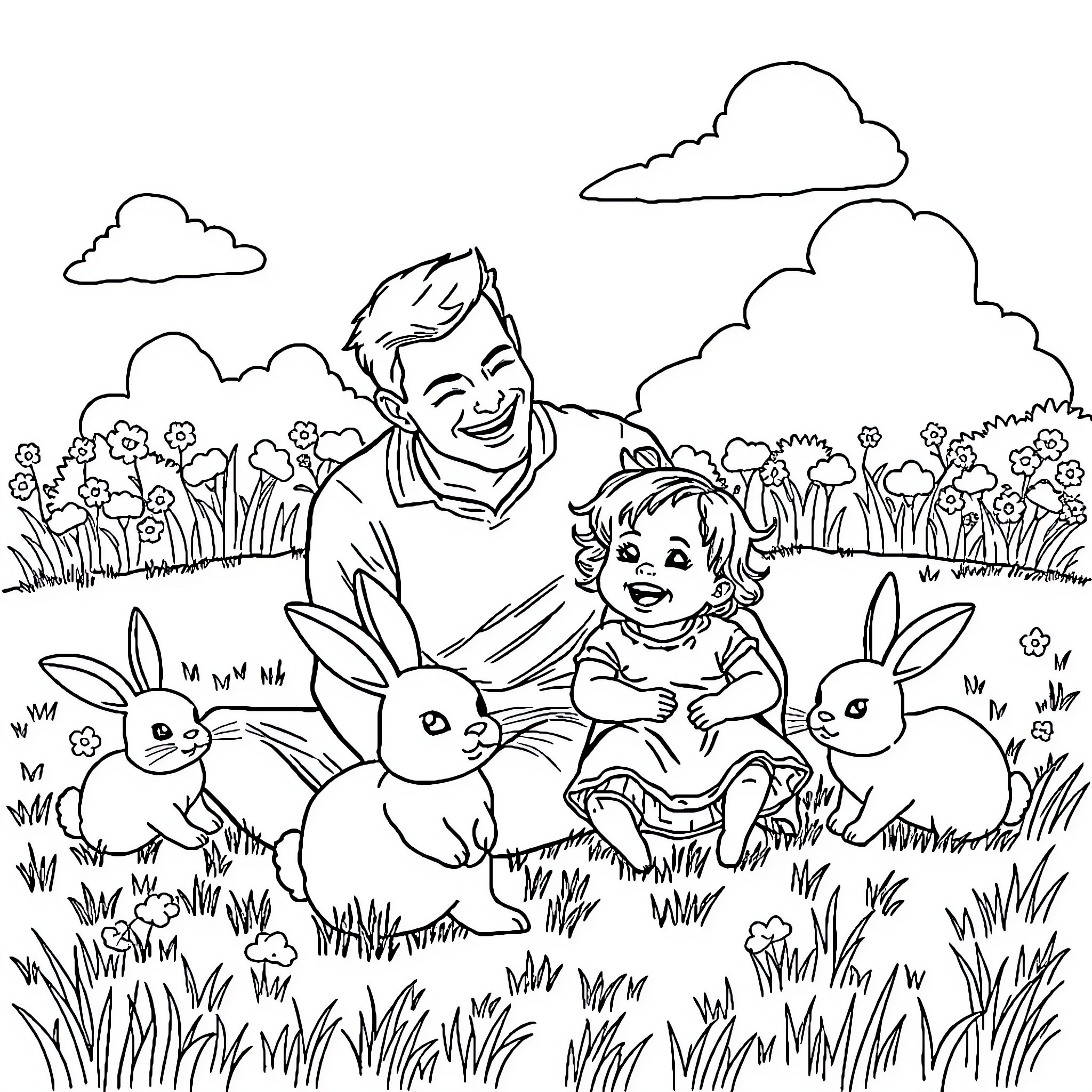 Dad and child playing with bunnies in the field Coloring Page (free black-and-white line drawing printable PDF for all, from beginners to advanced learners, including children, teens, adults, and seniors)