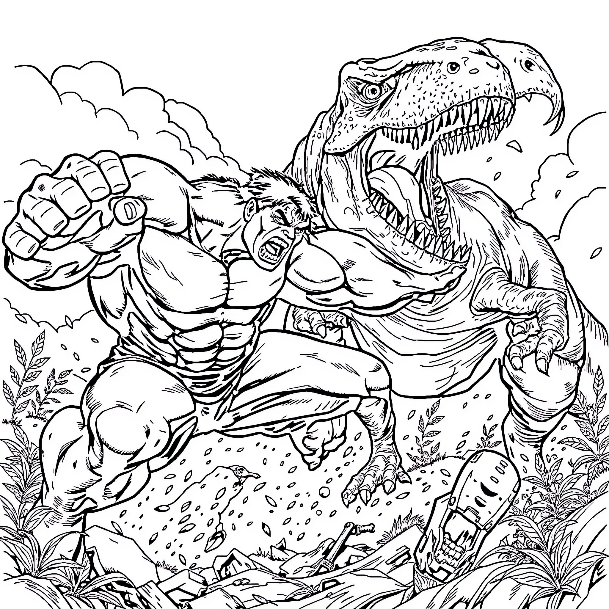 Hulk Battling Fierce Dinosaur in Rugged Terrain Coloring Page (free black-and-white line drawing printable PDF for all, from beginners to advanced learners, including children, teens, adults, and seniors)