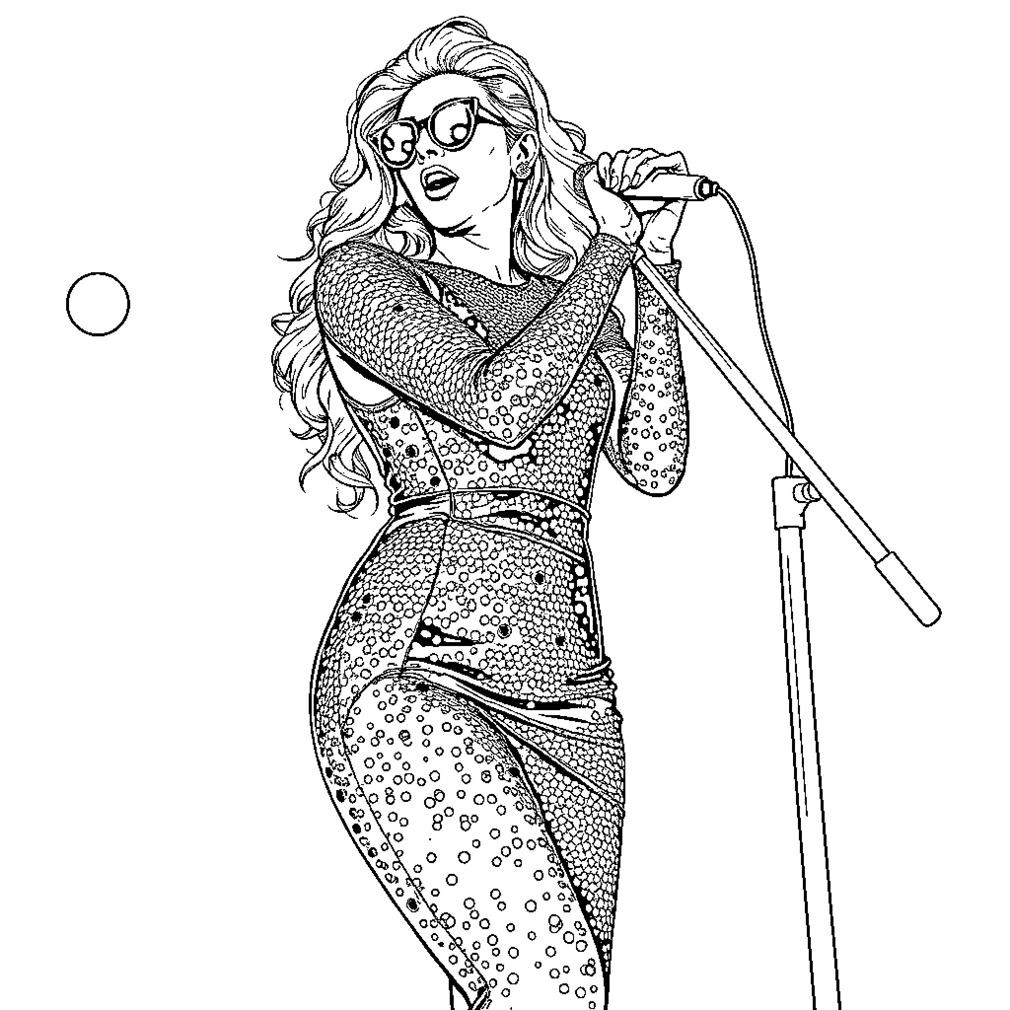 Lady Gaga's Vibrant Performing Persona Coloring Page (free black-and-white line drawing printable PDF for all, from beginners to advanced learners, including children, teens, adults, and seniors)