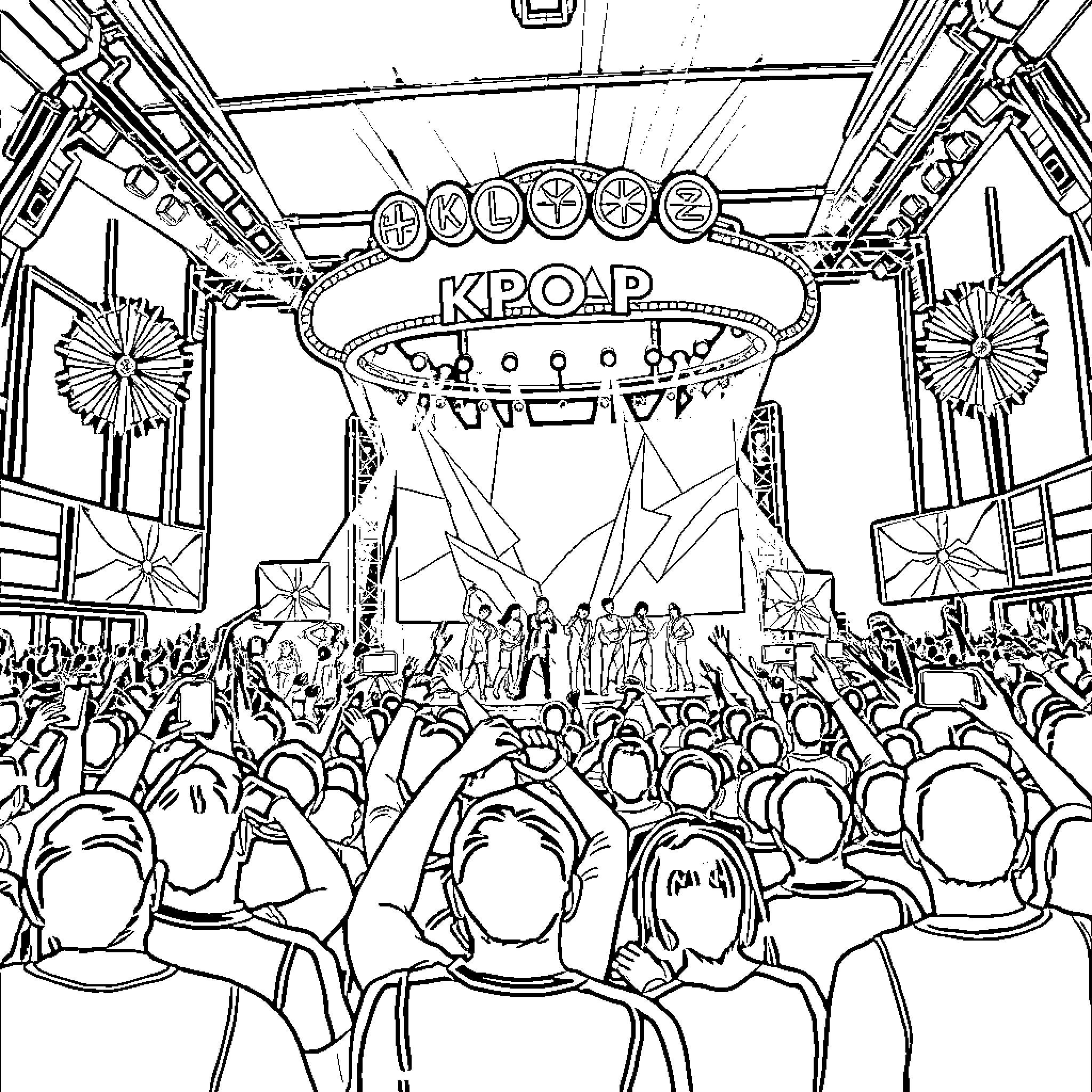 Kpop concert stage with energetic crowd Coloring Page (free black-and-white line drawing printable PDF for all, from beginners to advanced learners, including children, teens, adults, and seniors)