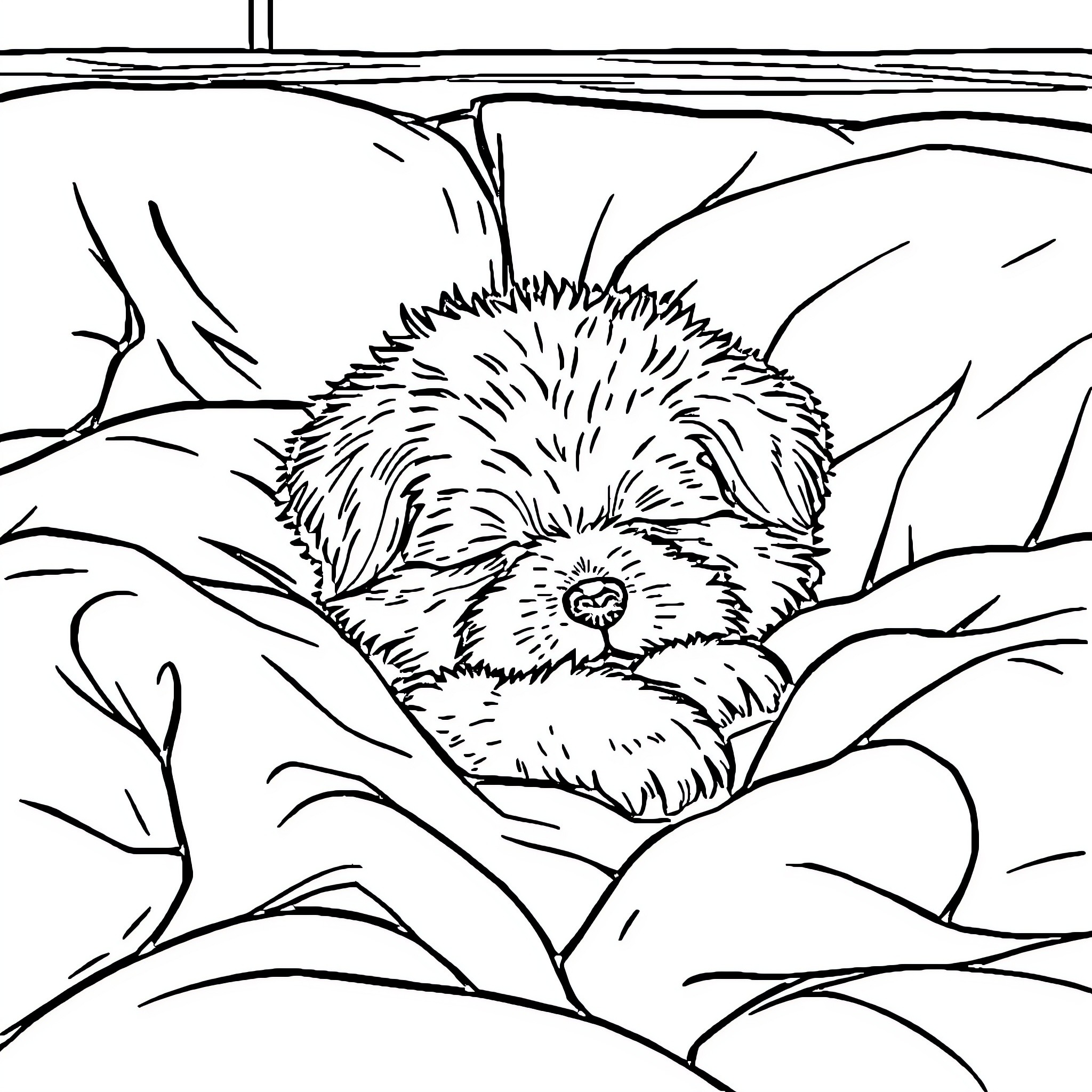 Dog resting peacefully in tall grass Coloring Page (free black-and-white line drawing printable PDF for all, from beginners to advanced learners, including children, teens, adults, and seniors)