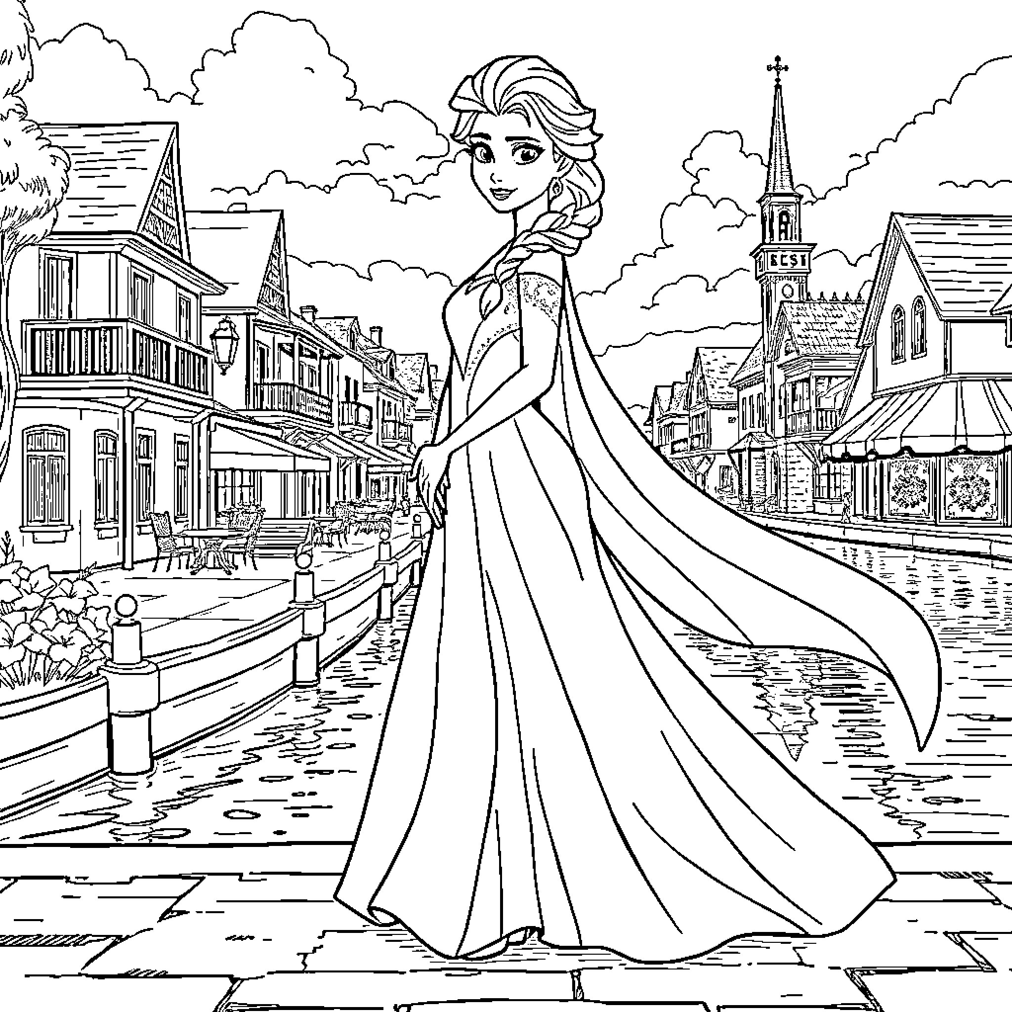 Elsa walking gracefully through the city Coloring Page (free black-and-white line drawing printable PDF for all, from beginners to advanced learners, including children, teens, adults, and seniors)