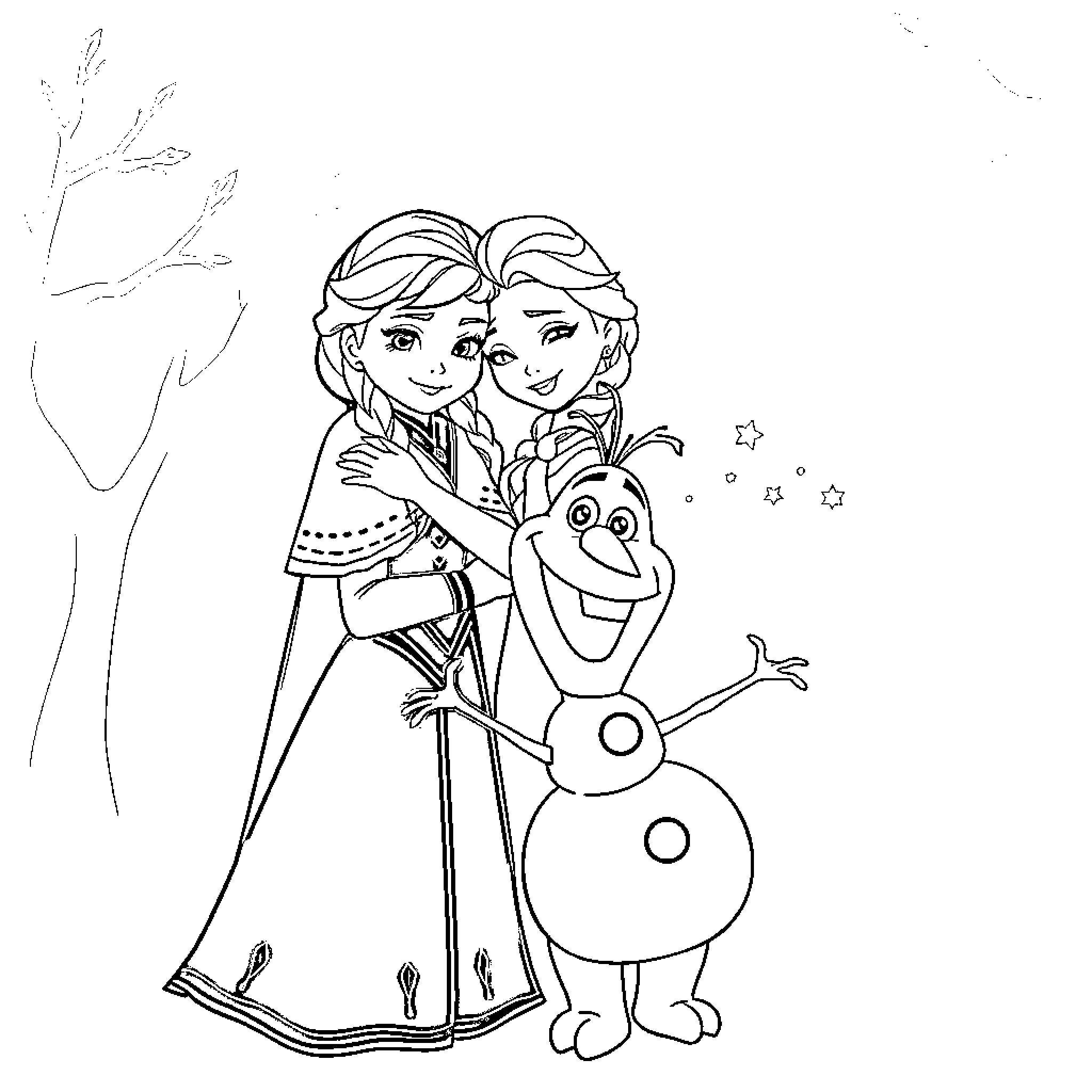 Anna and Elsa's wintry adventure with Olaf Coloring Page (free black-and-white line drawing printable PDF for all, from beginners to advanced learners, including children, teens, adults, and seniors)