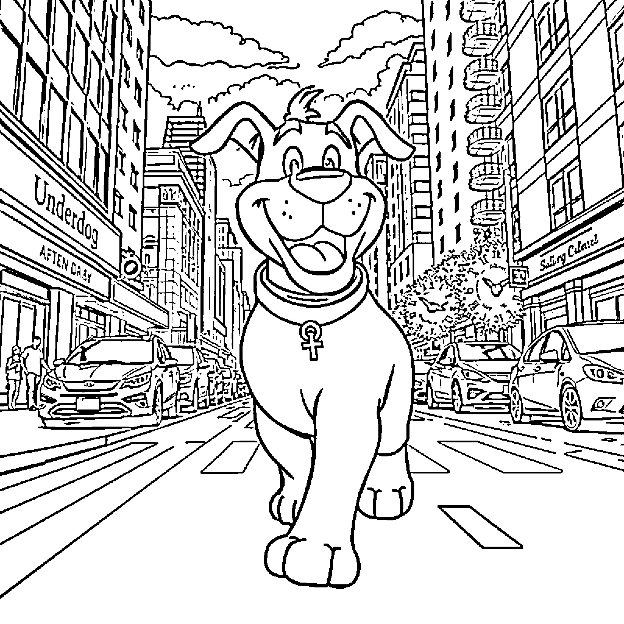 Underdog enjoying the city scenery Coloring Page (free black-and-white line drawing printable PDF for all, from beginners to advanced learners, including children, teens, adults, and seniors)