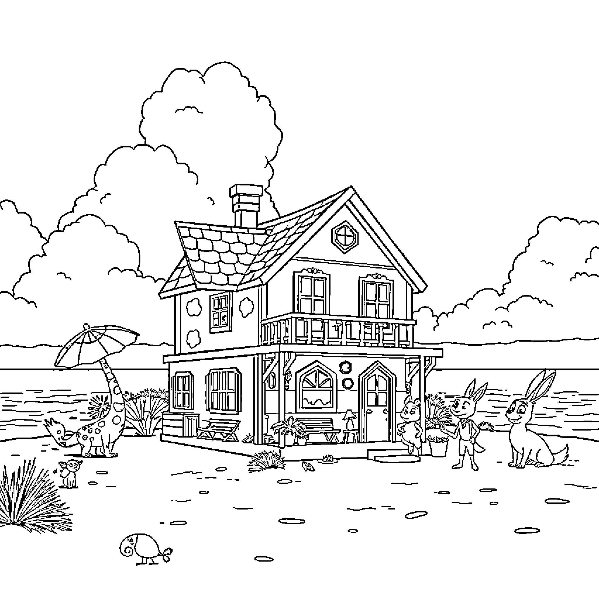 Dollhouse with animal friends on the beach Coloring Page (free black-and-white line drawing printable PDF for all, from beginners to advanced learners, including children, teens, adults, and seniors)