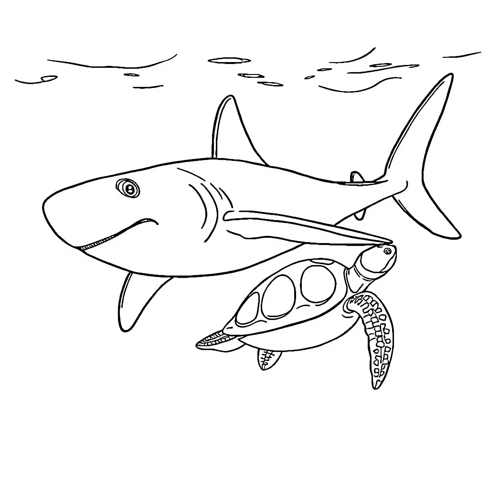 Shark chasing and hunting a turtle Coloring Page (free black-and-white line drawing printable PDF for all, from beginners to advanced learners, including children, teens, adults, and seniors)