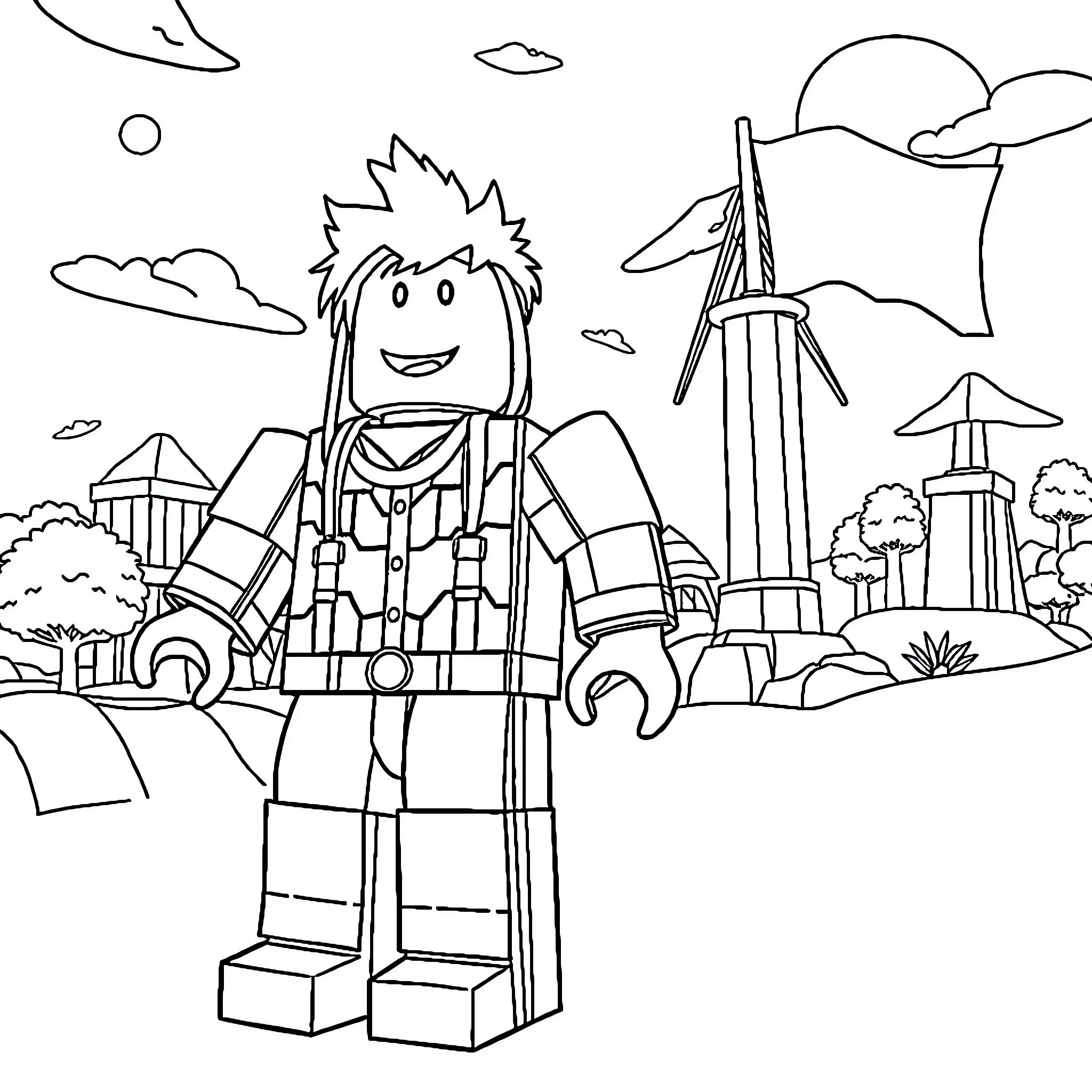 Roblox character exploring nature scenery Coloring Page (free black-and-white line drawing printable PDF for all, from beginners to advanced learners, including children, teens, adults, and seniors)