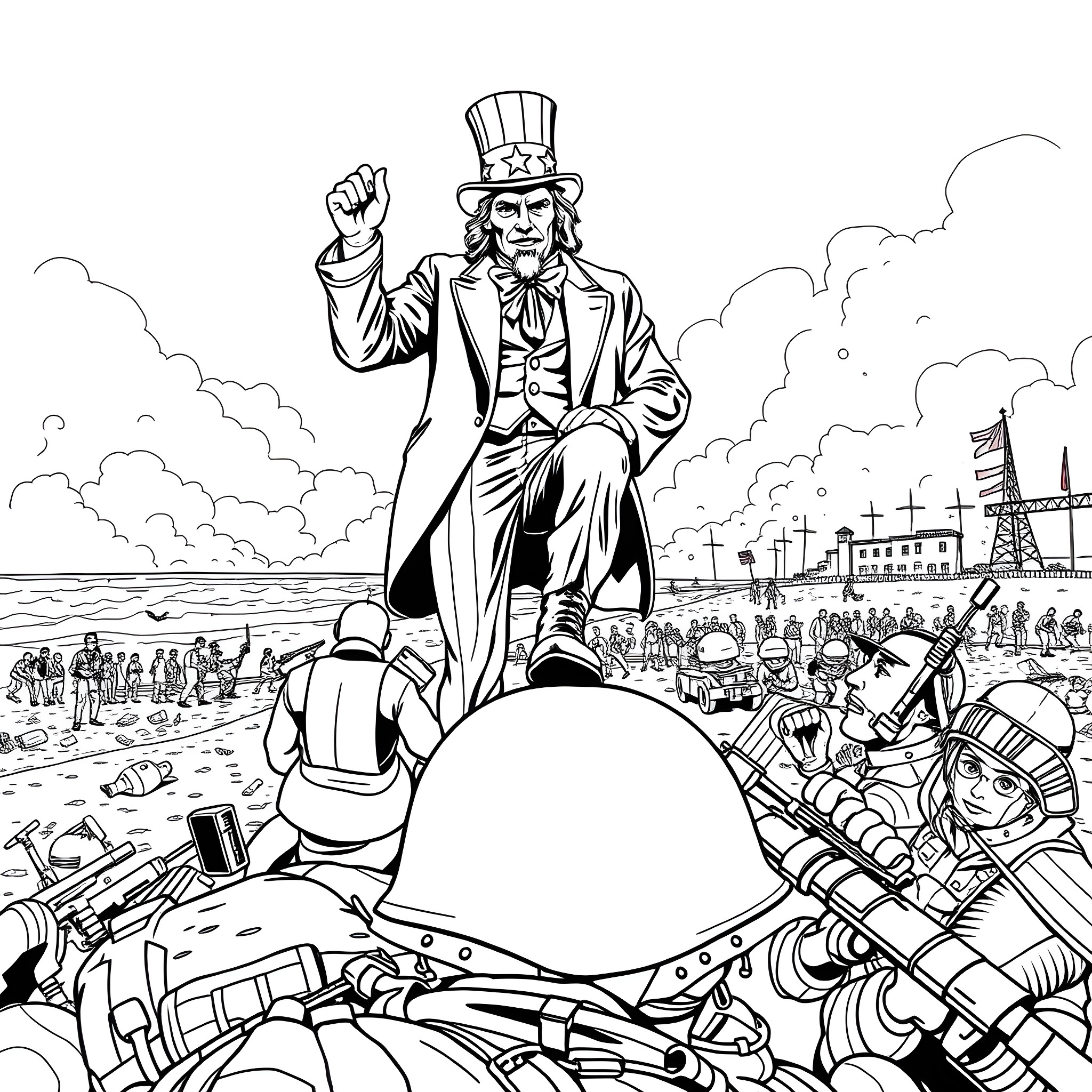 Uncle Sam rallying troops in a chaotic wartime scene Coloring Page (free black-and-white line drawing printable PDF for all, from beginners to advanced learners, including children, teens, adults, and seniors)