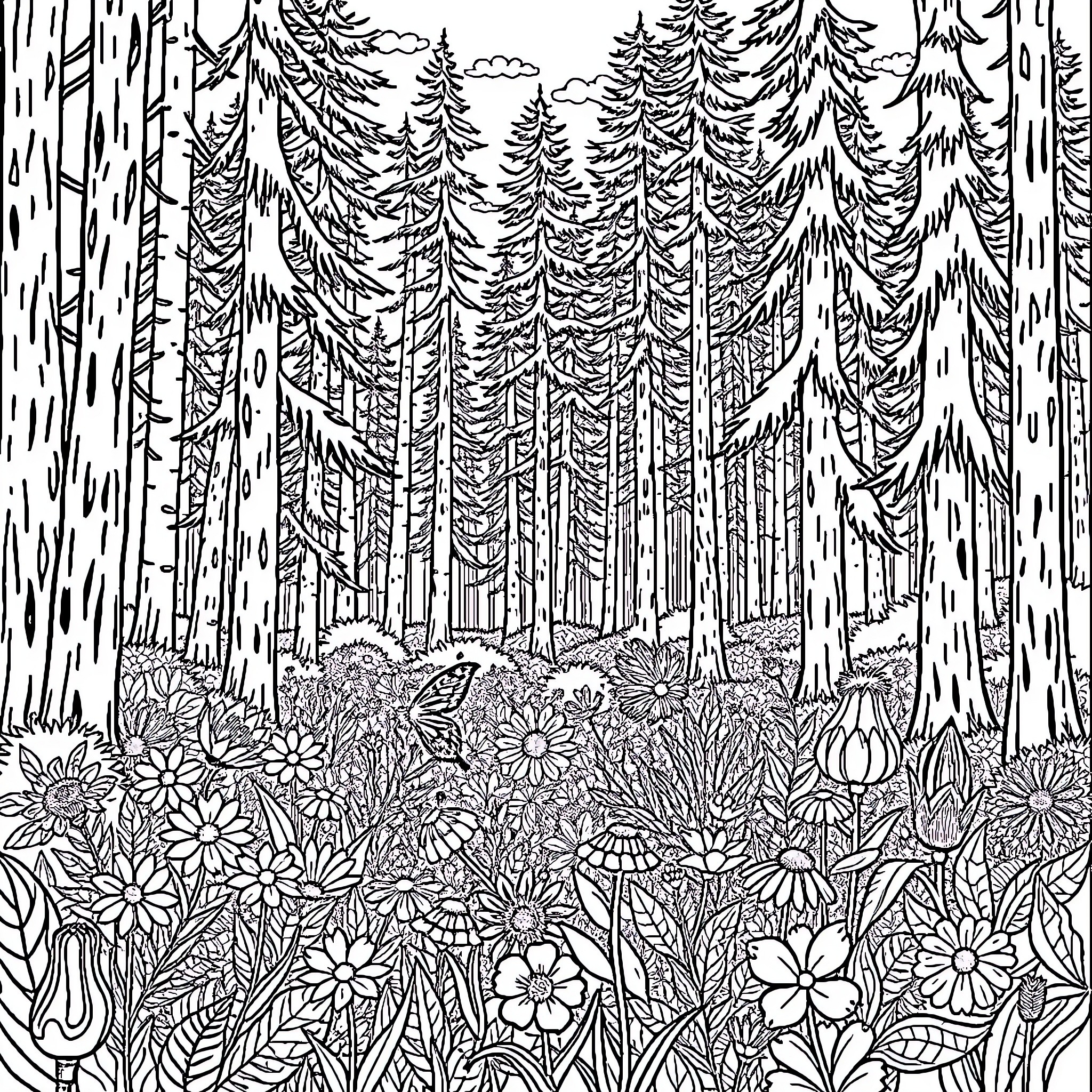 Forest Filled with Intricate Flowers and Foliage Coloring Page (free black-and-white line drawing printable PDF for all, from beginners to advanced learners, including children, teens, adults, and seniors)