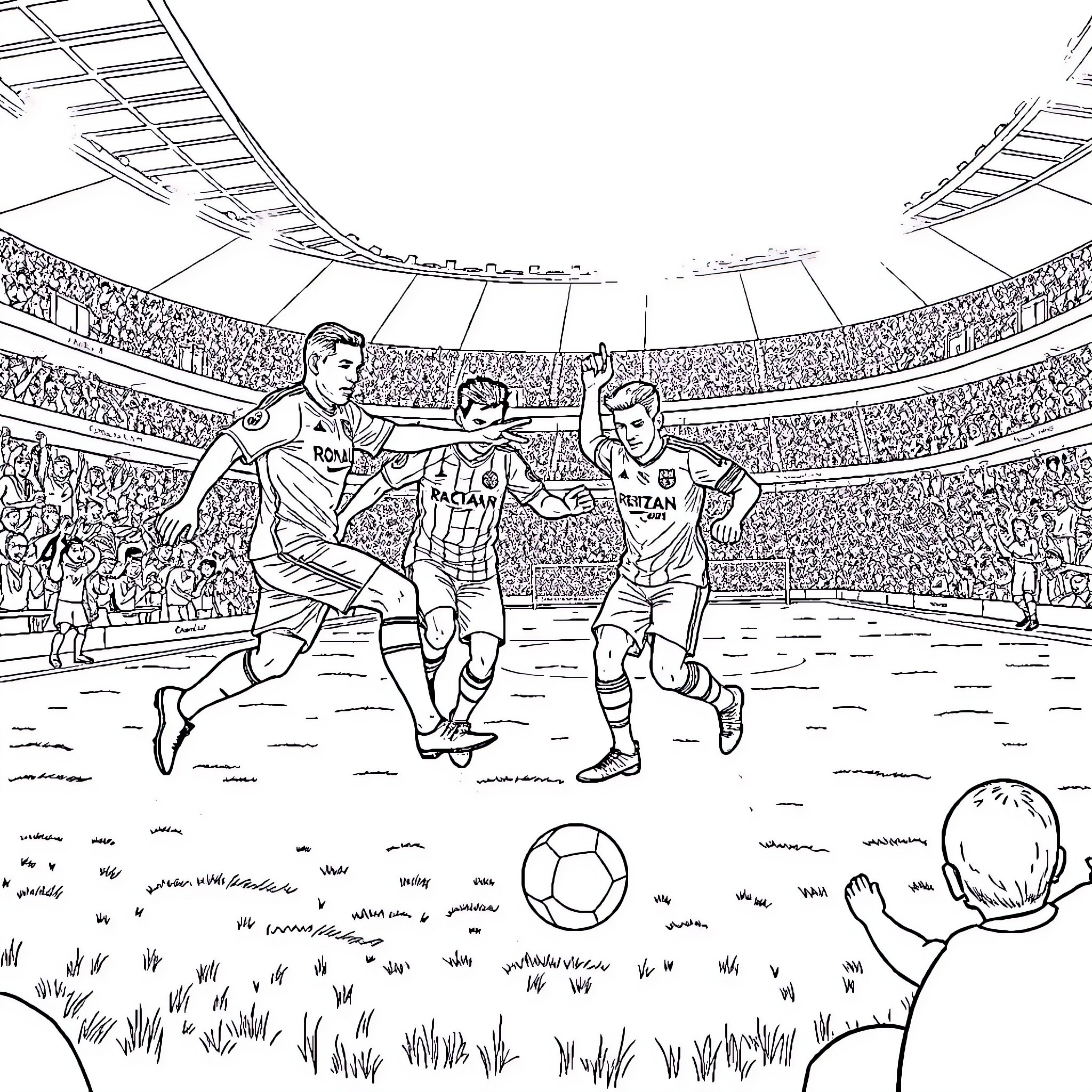 Football Players Competing on Field with Spectators Coloring Page (free black-and-white line drawing printable PDF for all, from beginners to advanced learners, including children, teens, adults, and seniors)