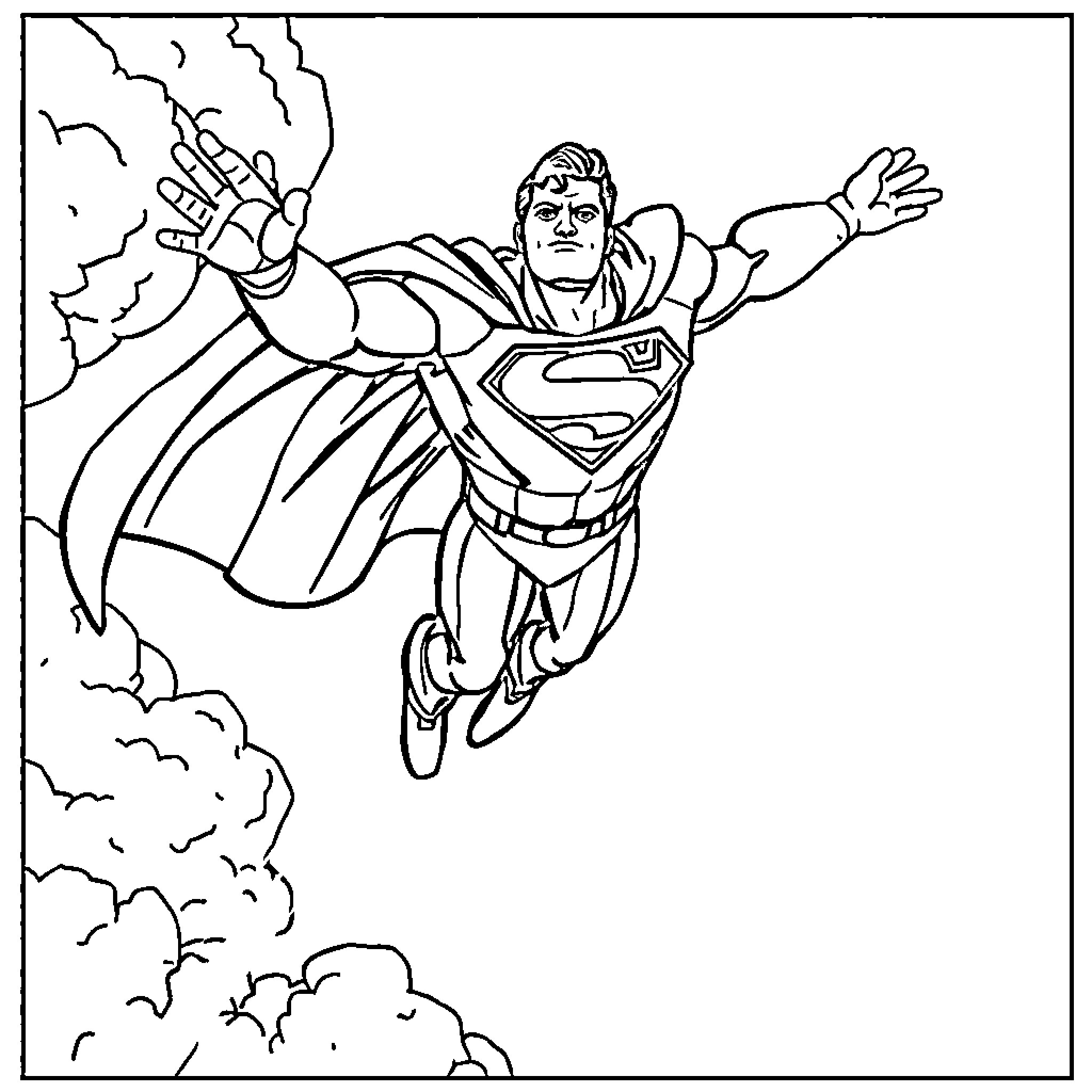Superman soaring through the sky with outstretched arms Coloring Page (free black-and-white line drawing printable PDF for all, from beginners to advanced learners, including children, teens, adults, and seniors)