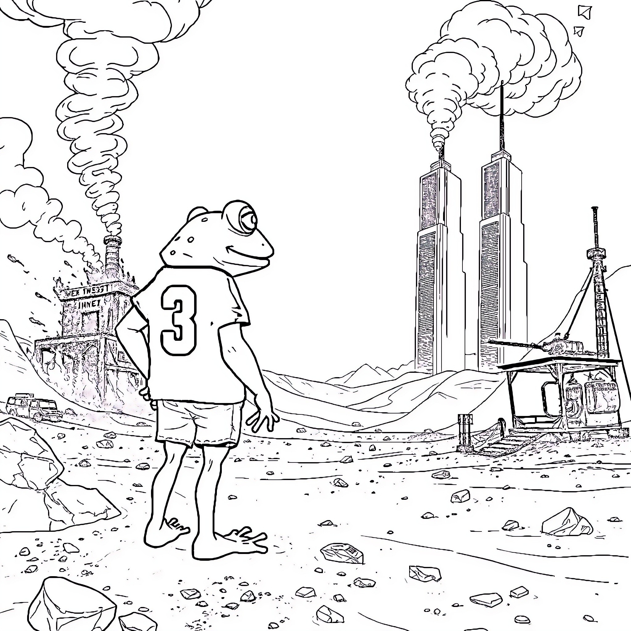 Frog with jersey exploring destroyed city Coloring Page (free black-and-white line drawing printable PDF for all, from beginners to advanced learners, including children, teens, adults, and seniors)