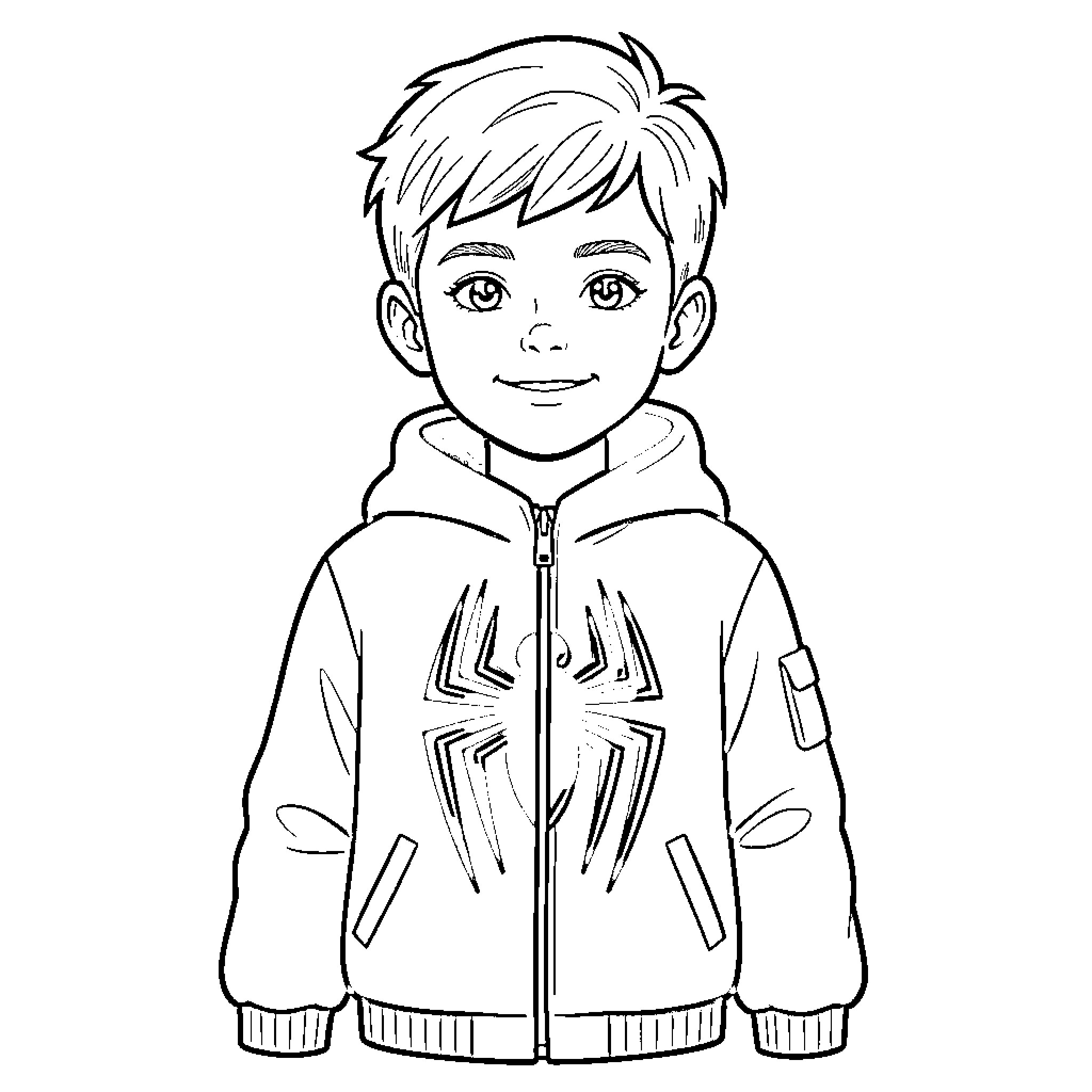 Boy wearing a hooded jacket with geometric patterns Coloring Page (free black-and-white line drawing printable PDF for all, from beginners to advanced learners, including children, teens, adults, and seniors)