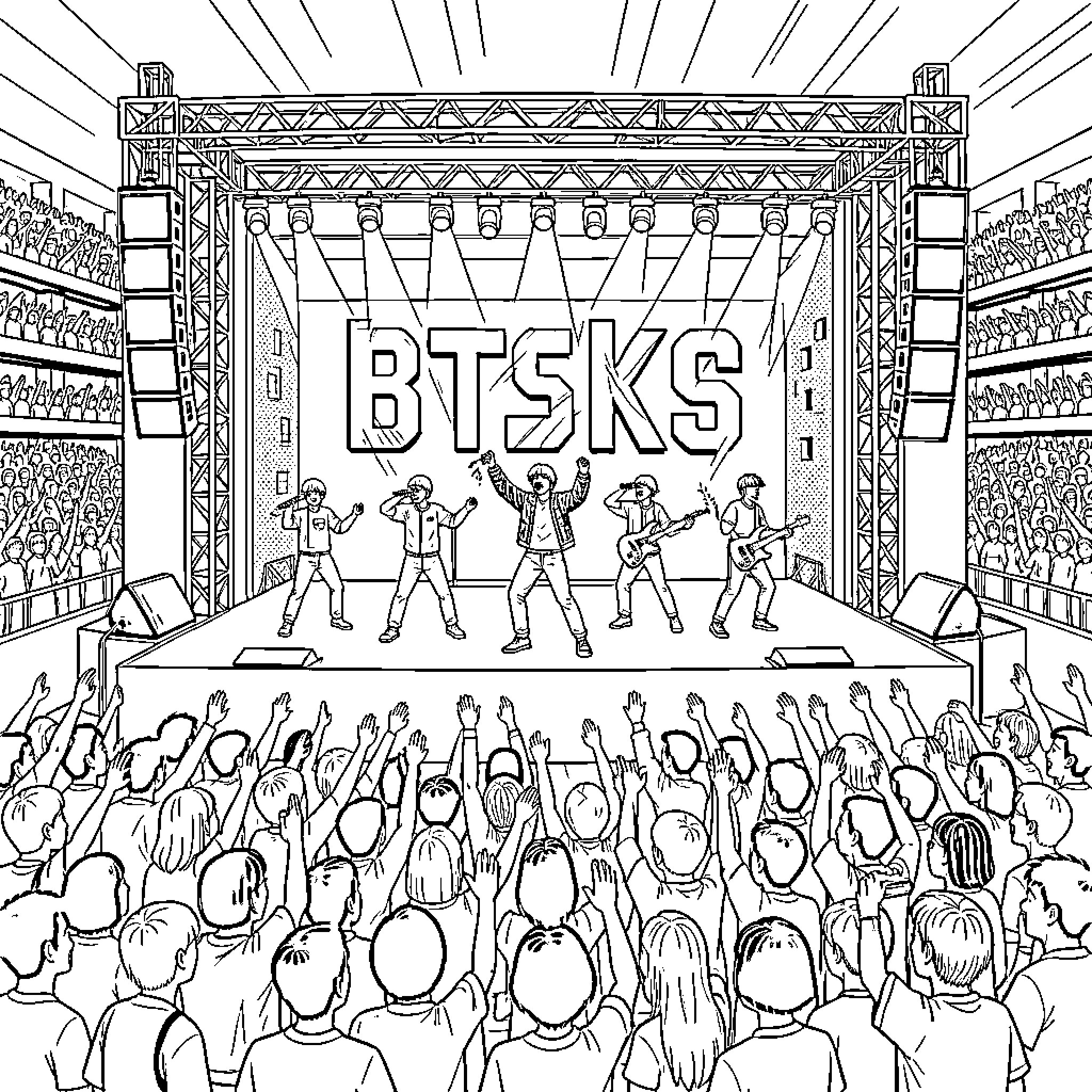 BTS performing a high energy concert on stage Coloring Page (free black-and-white line drawing printable PDF for all, from beginners to advanced learners, including children, teens, adults, and seniors)
