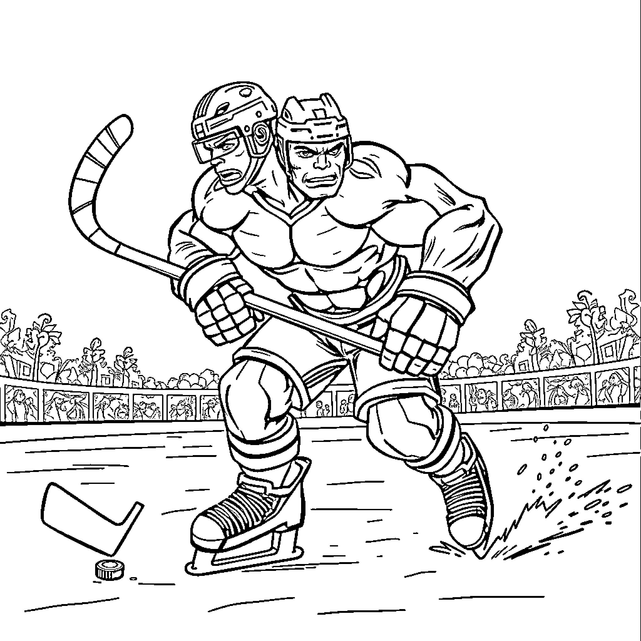Hulk playing hockey on the rink Coloring Page (free black-and-white line drawing printable PDF for all, from beginners to advanced learners, including children, teens, adults, and seniors)