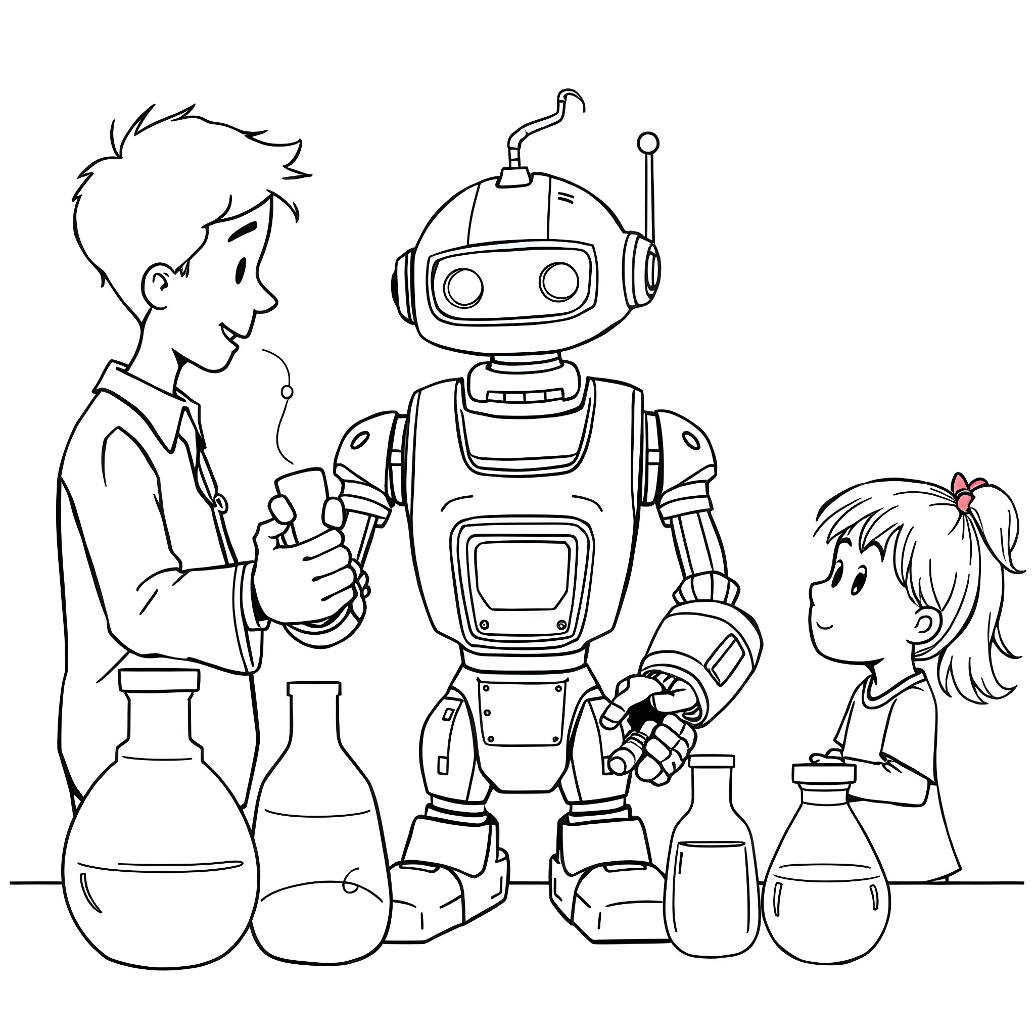 Robot Scientist Assisting Children in Science Experiment Coloring Page (free black-and-white line drawing printable PDF for all, from beginners to advanced learners, including children, teens, adults, and seniors)