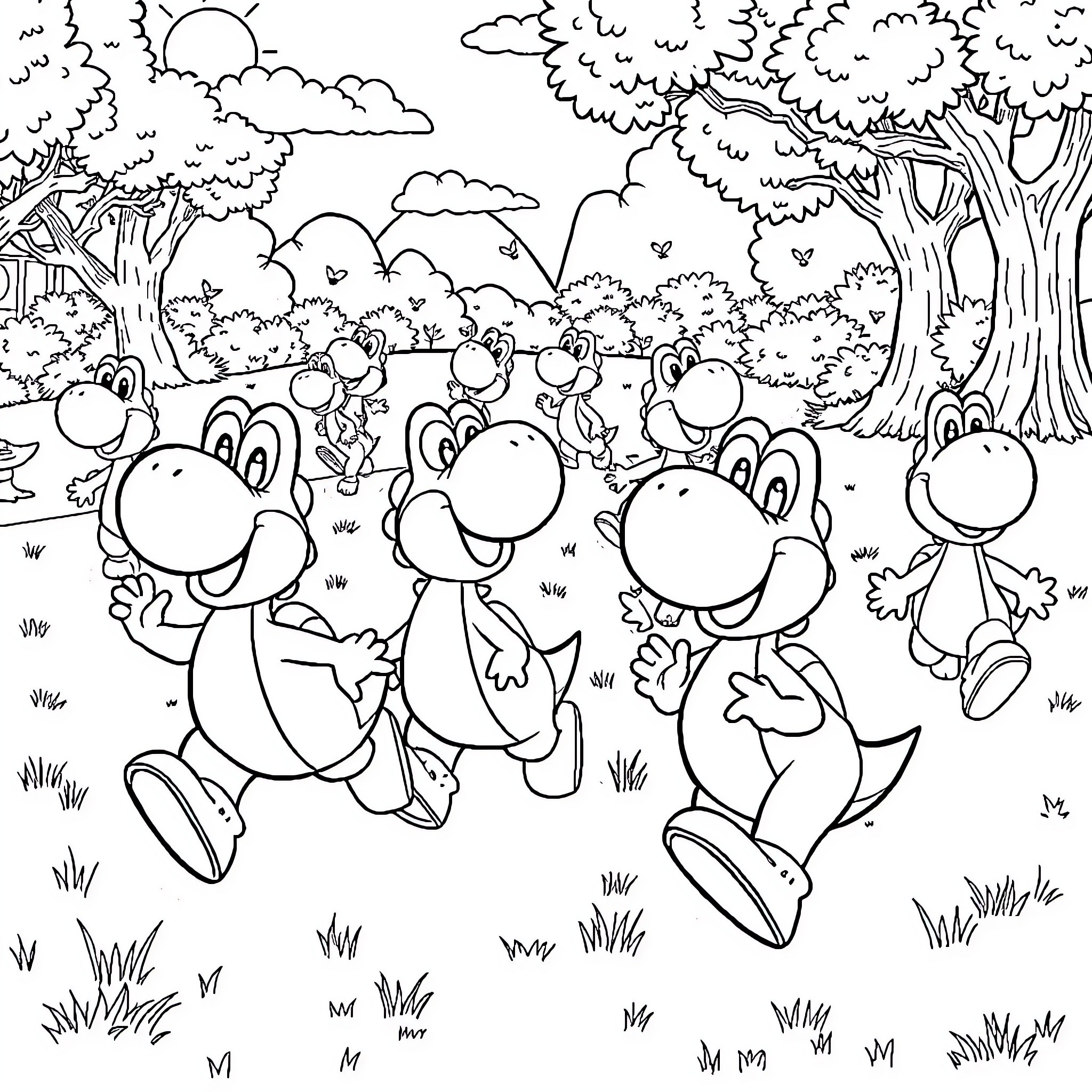 Yoshi's Joyful Romp in the Woodland Coloring Page (free black-and-white line drawing printable PDF for all, from beginners to advanced learners, including children, teens, adults, and seniors)