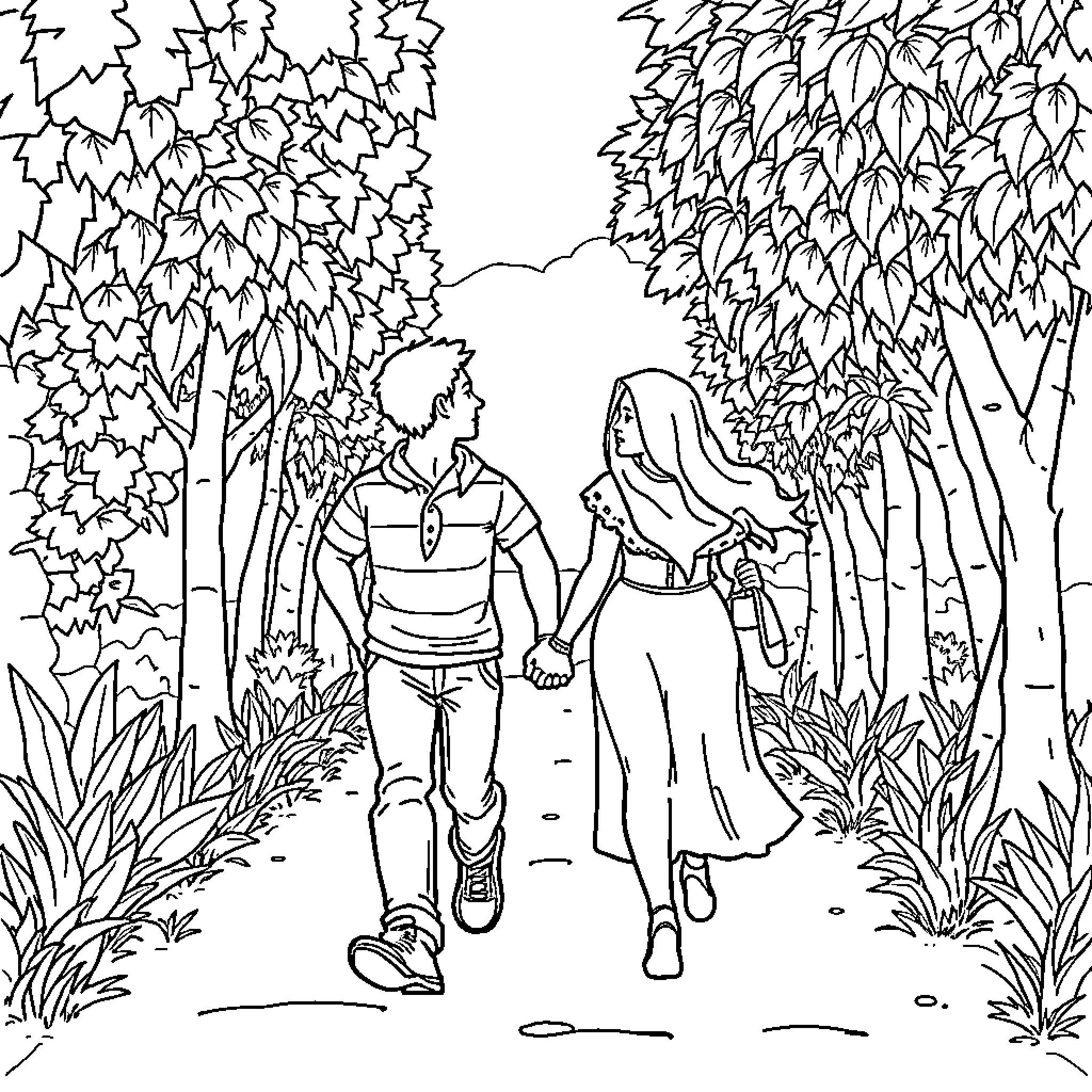 Couple walking together in nature Coloring Page (free black-and-white line drawing printable PDF for all, from beginners to advanced learners, including children, teens, adults, and seniors)