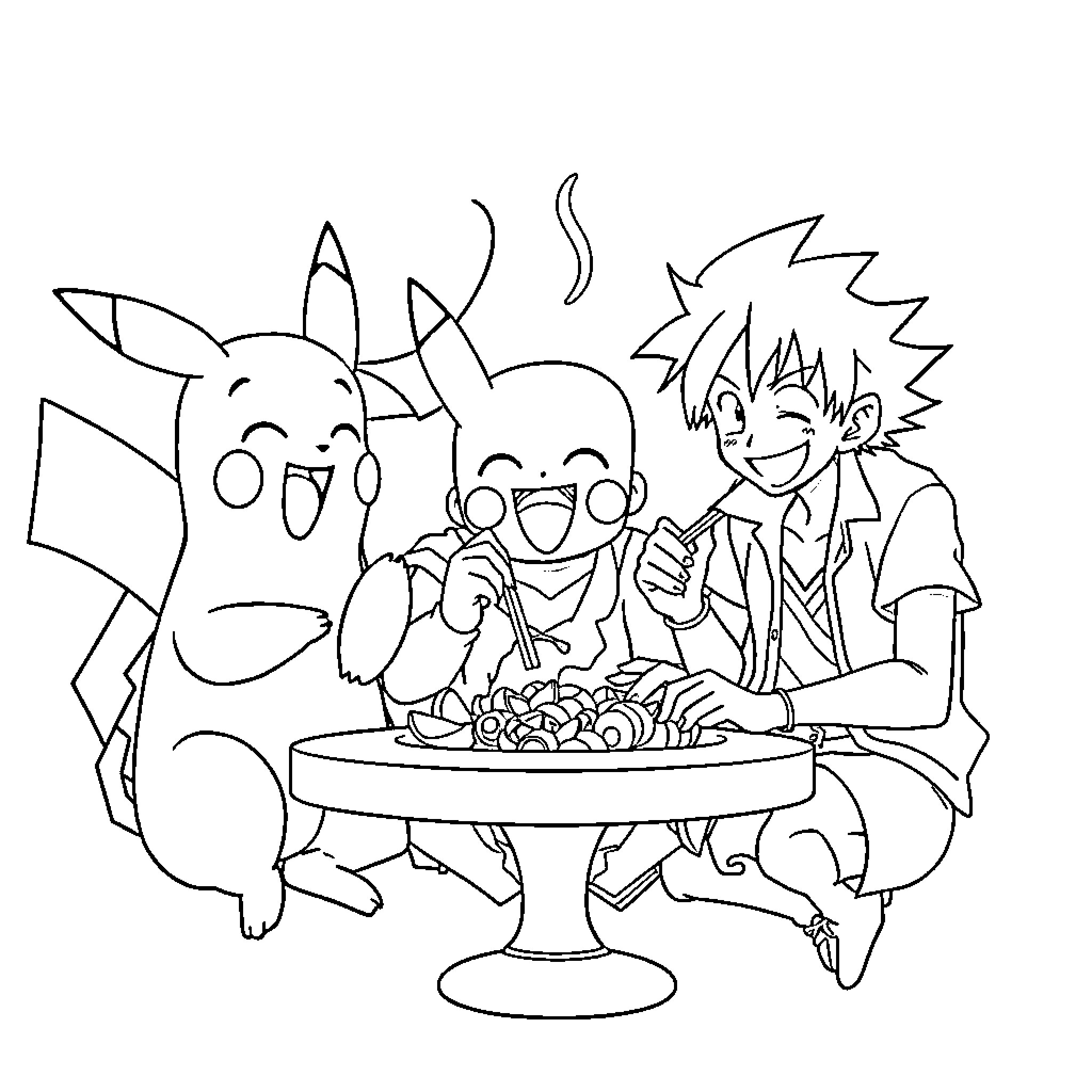 Pikachu and friends enjoying a delightful treat Coloring Page (free black-and-white line drawing printable PDF for all, from beginners to advanced learners, including children, teens, adults, and seniors)