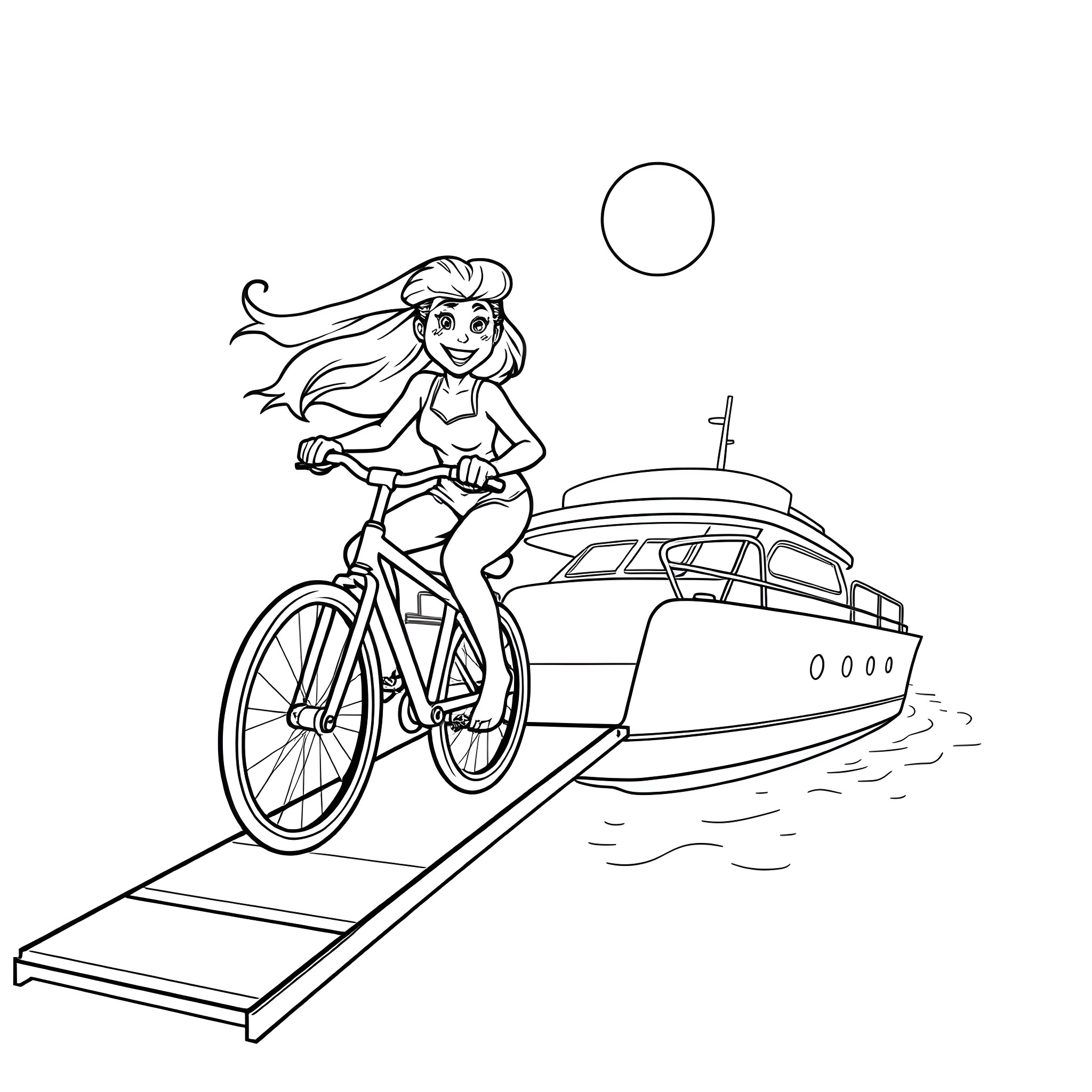 Flo enjoys bike ride near docked boat Coloring Page (free black-and-white line drawing printable PDF for all, from beginners to advanced learners, including children, teens, adults, and seniors)