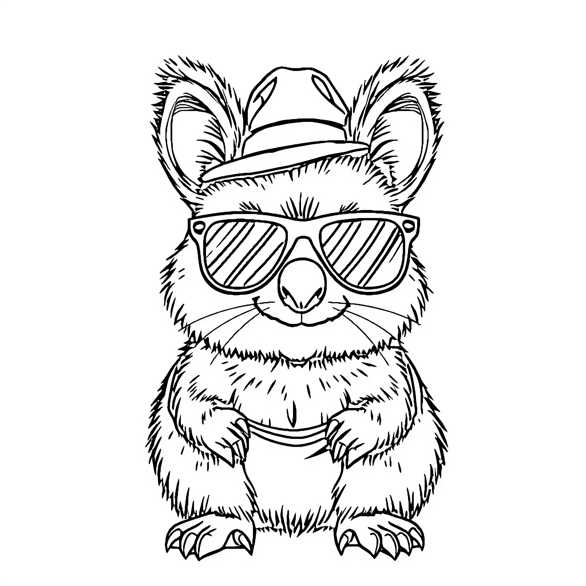 Quokka wearing a hat and sunglasses Coloring Page (free black-and-white line drawing printable PDF for all, from beginners to advanced learners, including children, teens, adults, and seniors)
