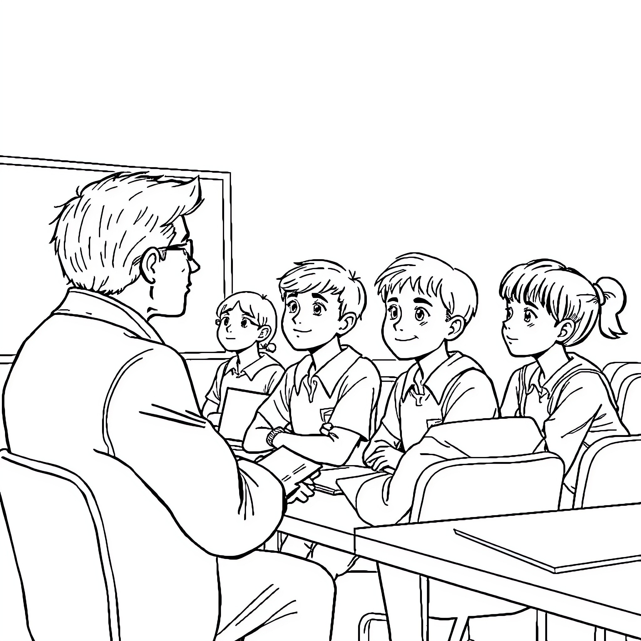 Students attentively listening to teacher in classroom Coloring Page (free black-and-white line drawing printable PDF for all, from beginners to advanced learners, including children, teens, adults, and seniors)