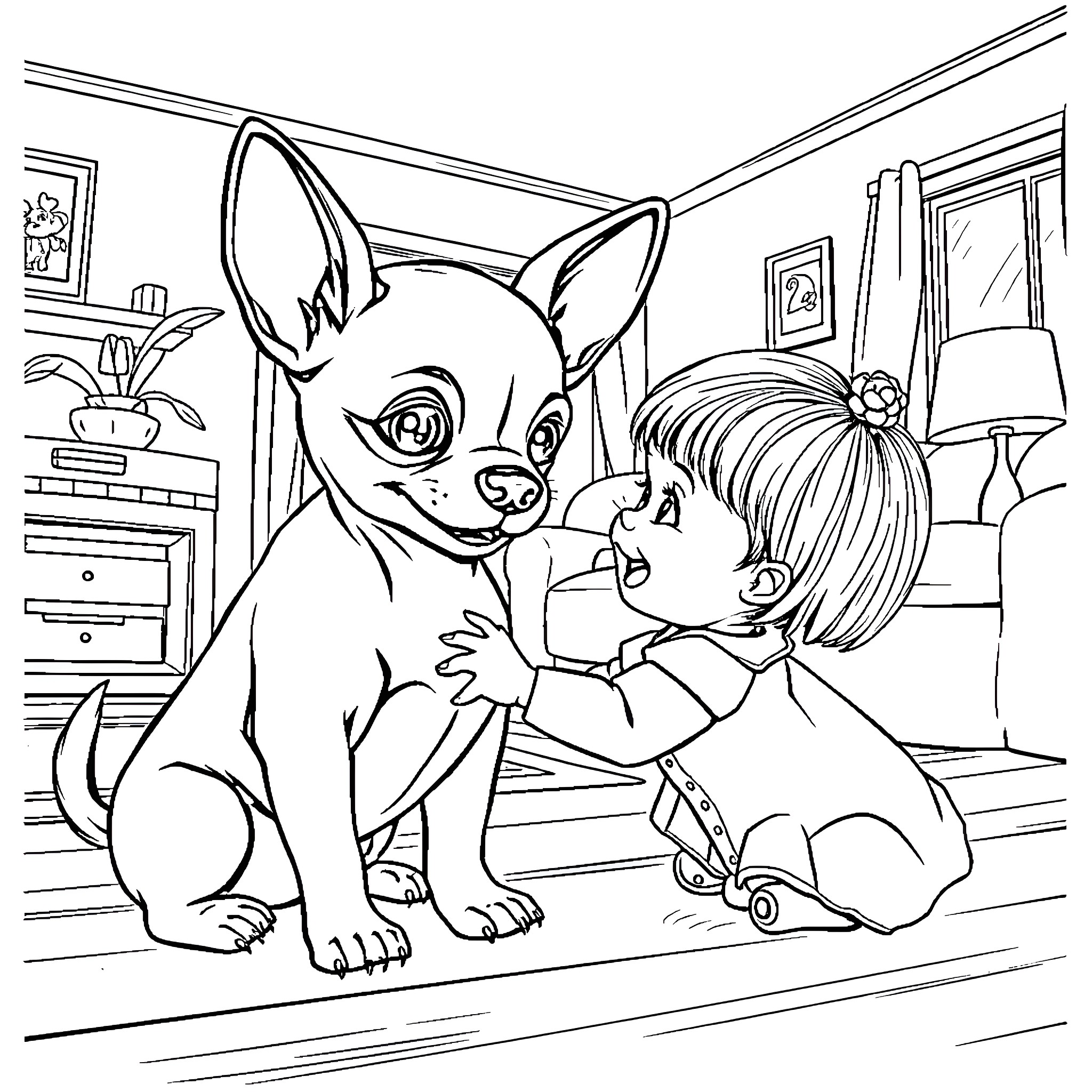 Chihuahua and child playing together happily Coloring Page (free black-and-white line drawing printable PDF for all, from beginners to advanced learners, including children, teens, adults, and seniors)