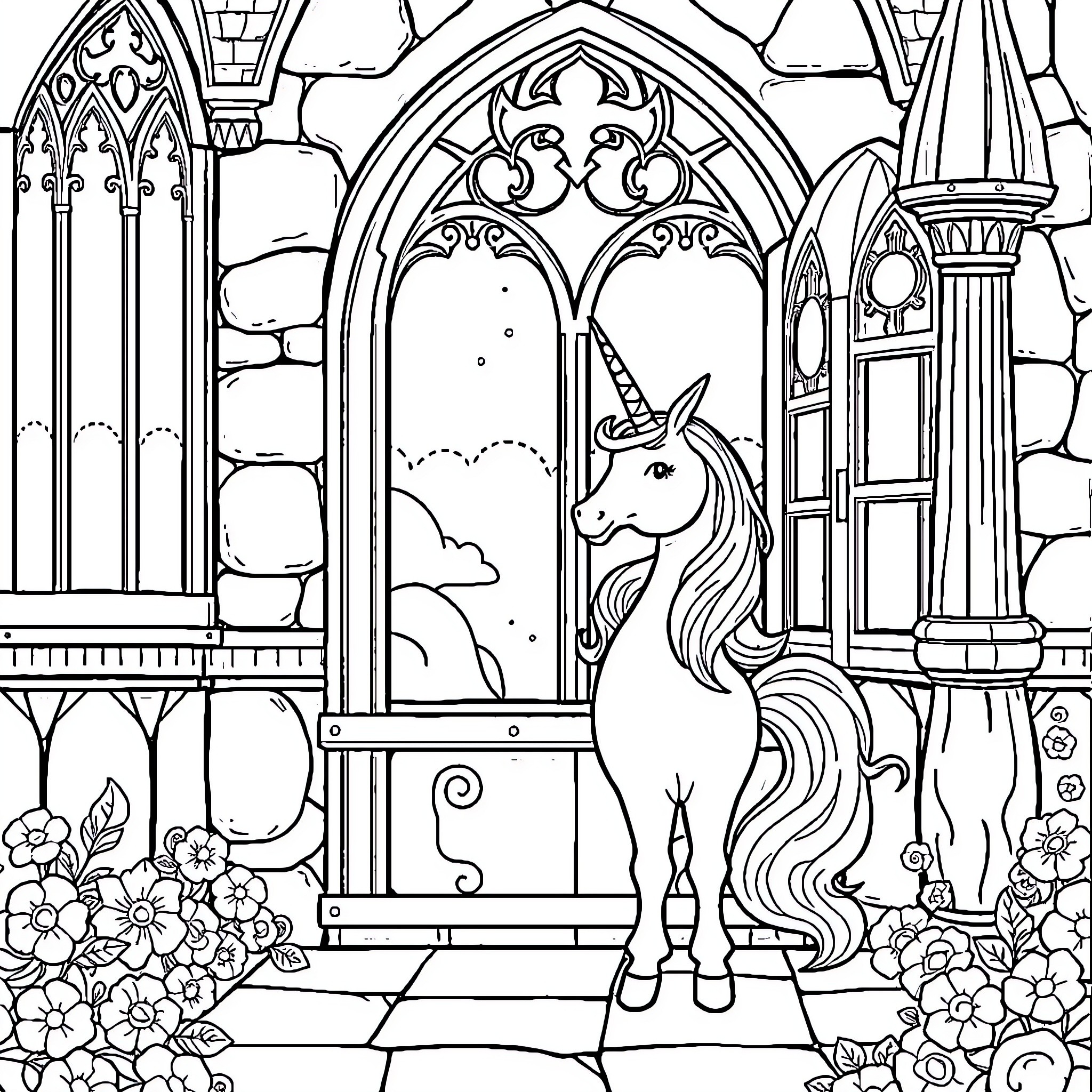 Unicorn standing majestically in a magical castle Coloring Page (free black-and-white line drawing printable PDF for all, from beginners to advanced learners, including children, teens, adults, and seniors)