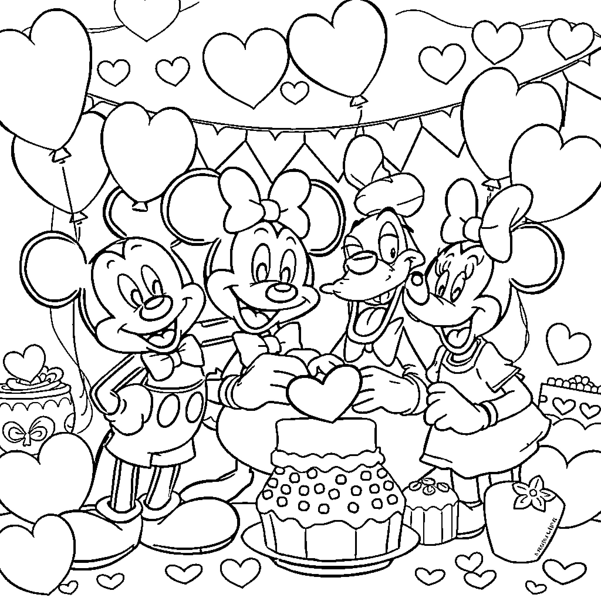 Disney Characters Celebrating a Birthday Party Coloring Page (free black-and-white line drawing printable PDF for all, from beginners to advanced learners, including children, teens, adults, and seniors)