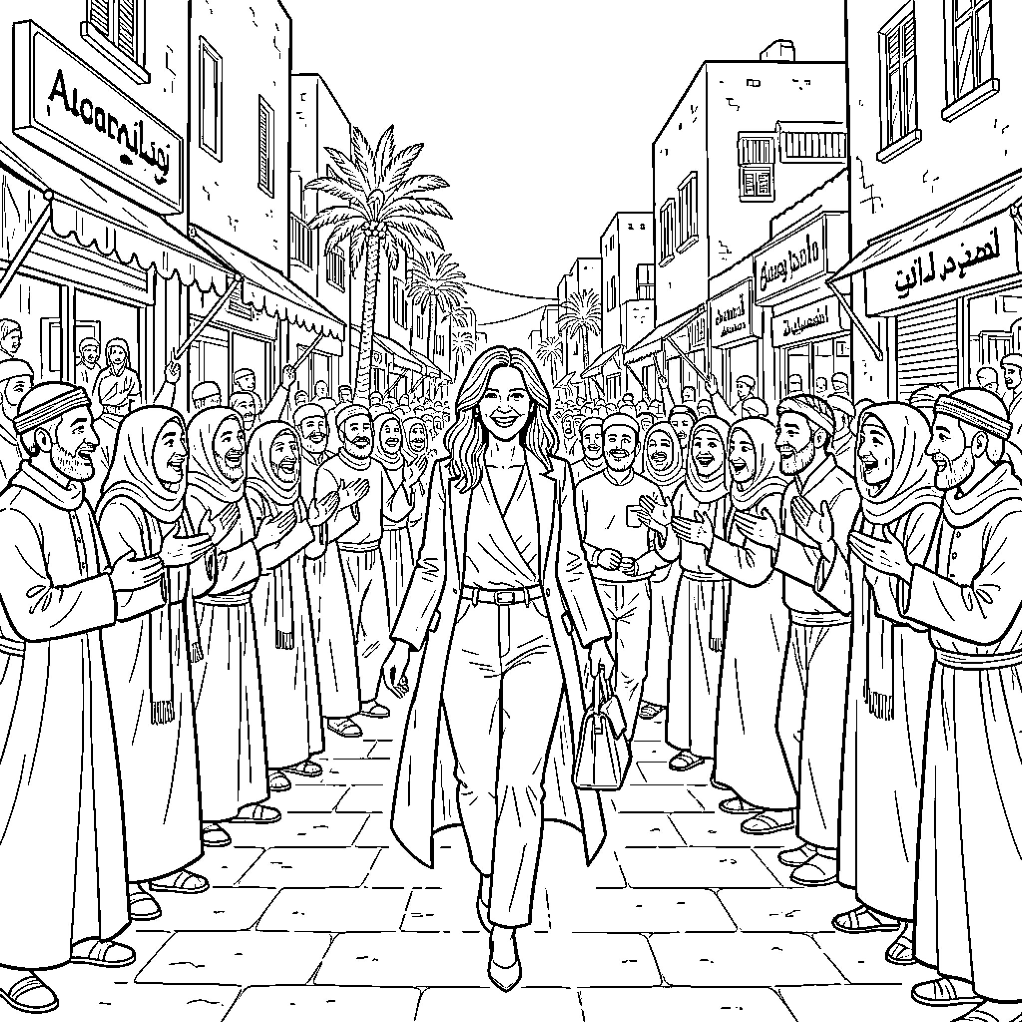 Angelina Jolie walking confidently through a bustling Middle Eastern street Coloring Page (free black-and-white line drawing printable PDF for all, from beginners to advanced learners, including children, teens, adults, and seniors)
