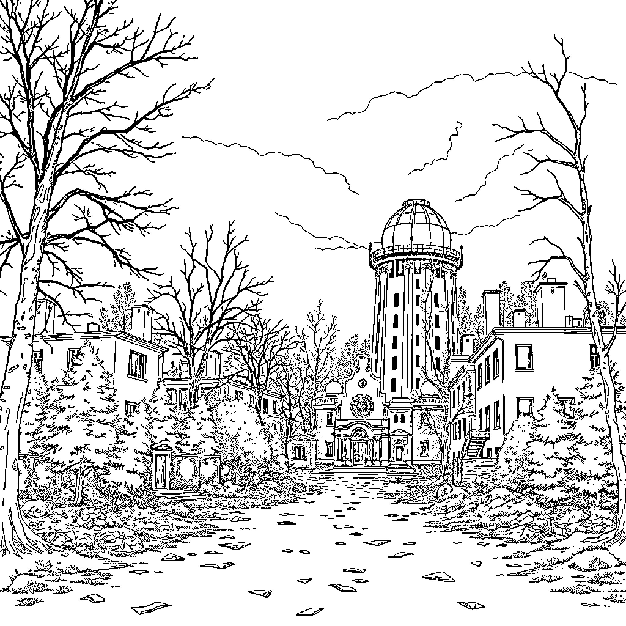 Chernobyl: Eerie Ruins and Abandoned Structures Coloring Page (free black-and-white line drawing printable PDF for all, from beginners to advanced learners, including children, teens, adults, and seniors)