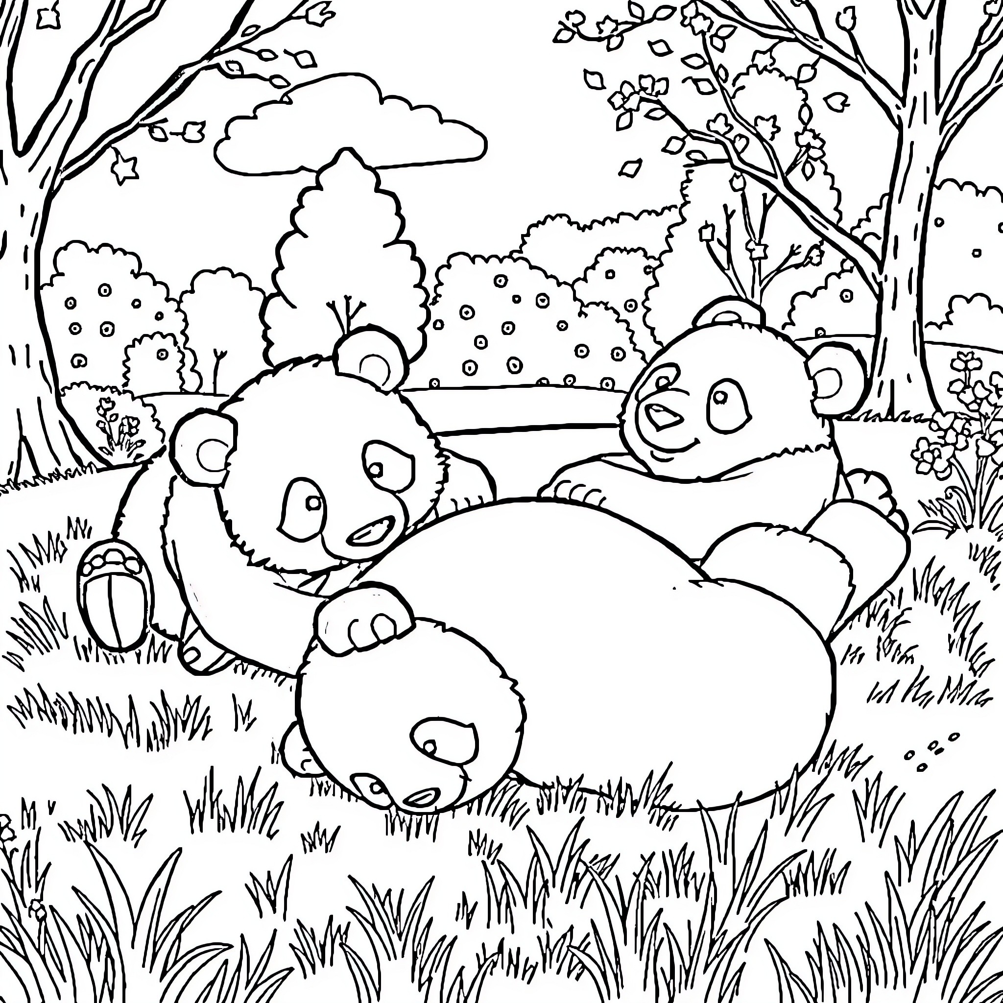 Panda cubs playing in the forest Coloring Page (free black-and-white line drawing printable PDF for all, from beginners to advanced learners, including children, teens, adults, and seniors)