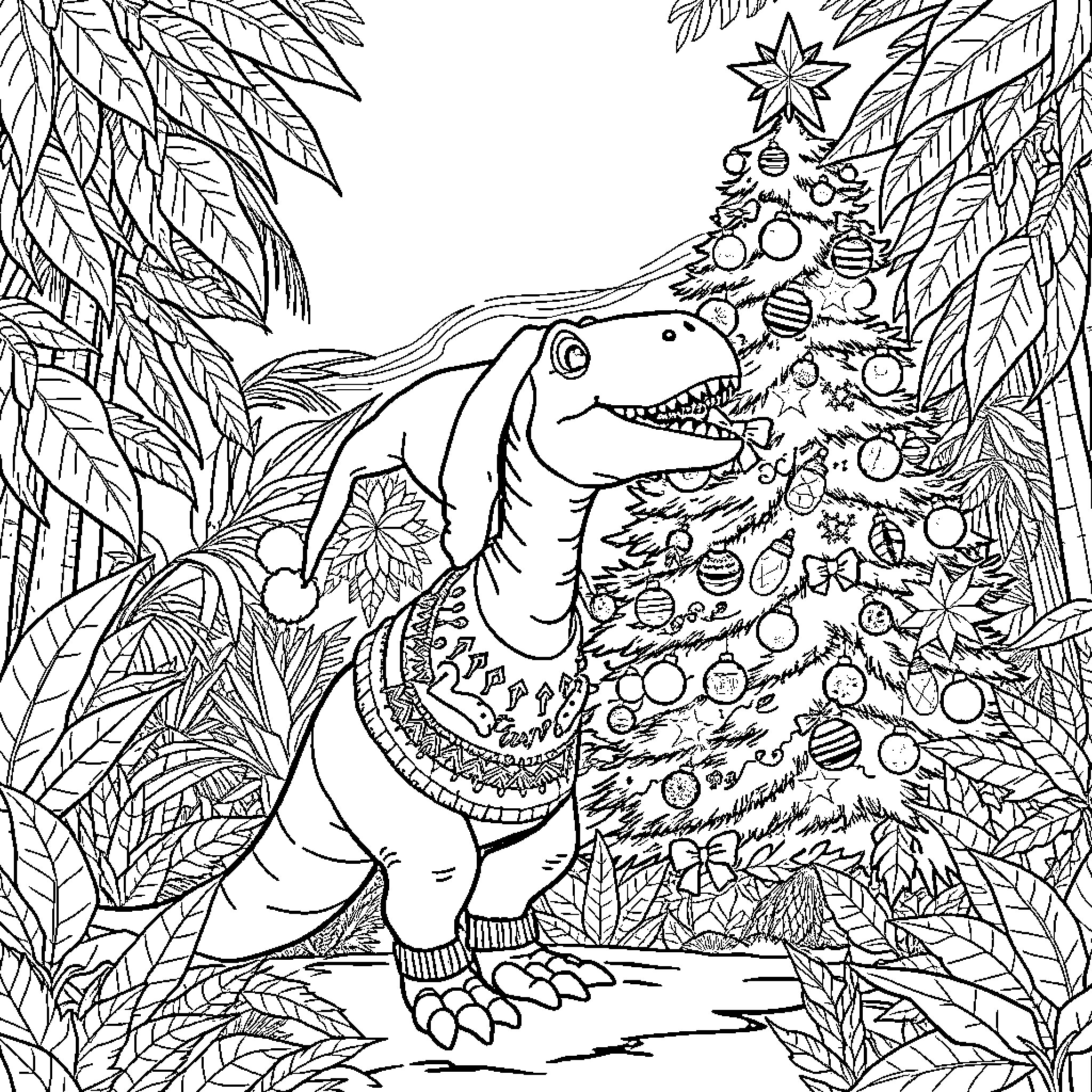 Dinosaur decorating a whimsical Christmas tree Coloring Page (free black-and-white line drawing printable PDF for all, from beginners to advanced learners, including children, teens, adults, and seniors)