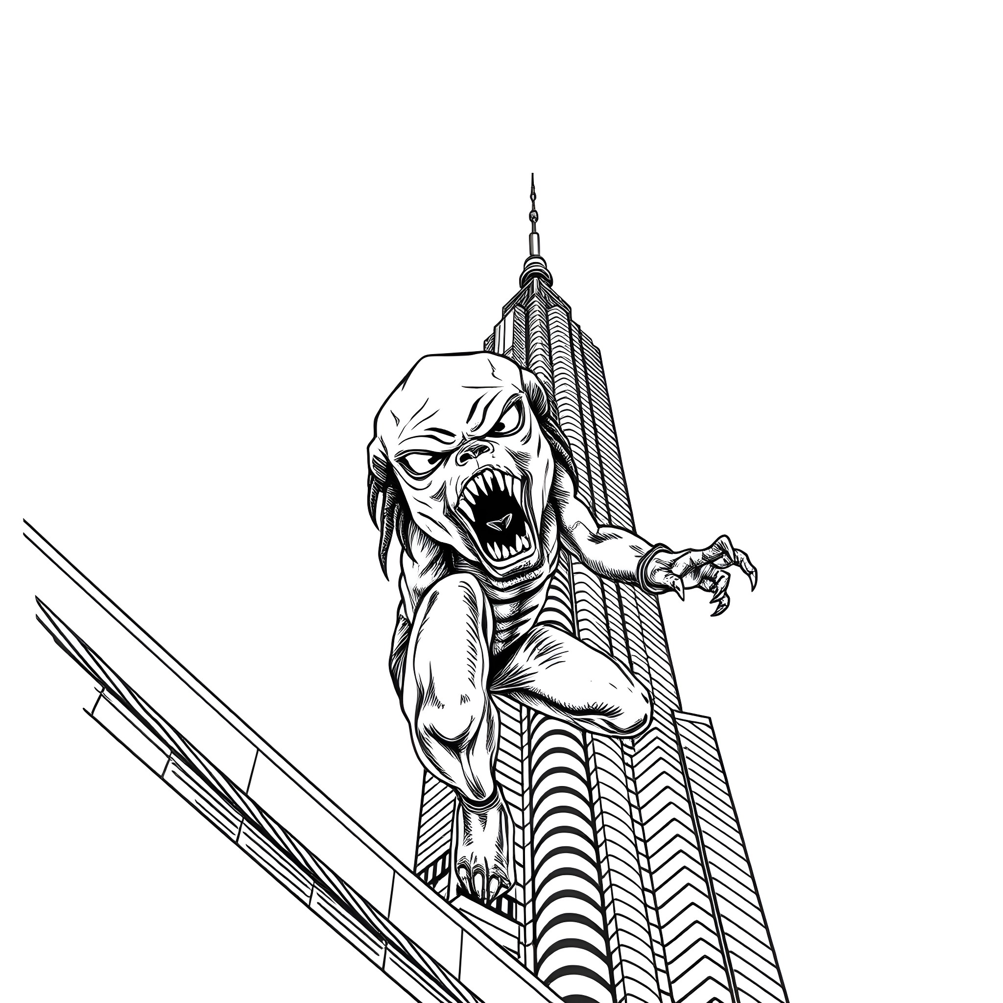 Predator attacks the city from a towering skyscraper Coloring Page (free black-and-white line drawing printable PDF for all, from beginners to advanced learners, including children, teens, adults, and seniors)