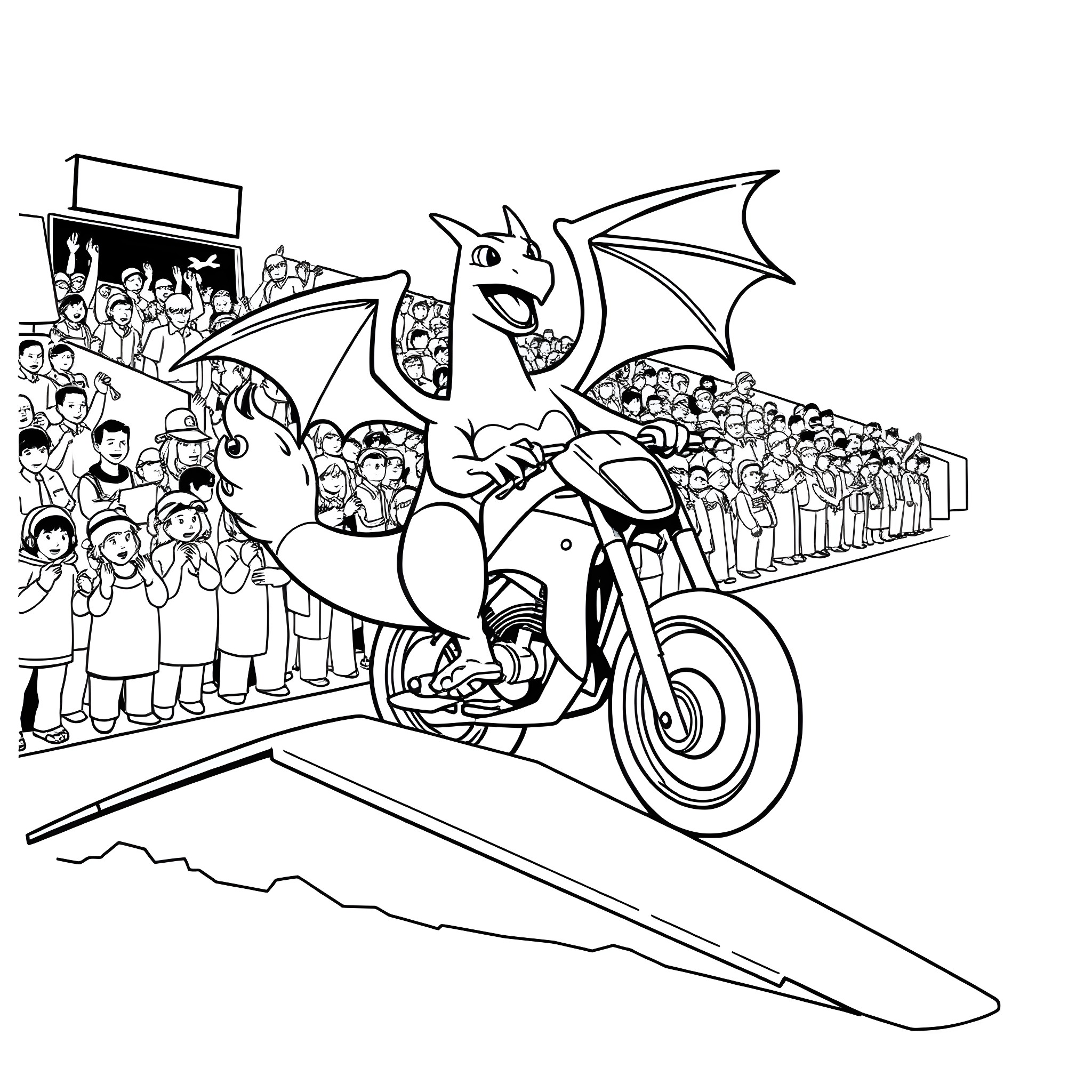 Charizard on a motorcycle performing a daring stunt show Coloring Page (free black-and-white line drawing printable PDF for all, from beginners to advanced learners, including children, teens, adults, and seniors)