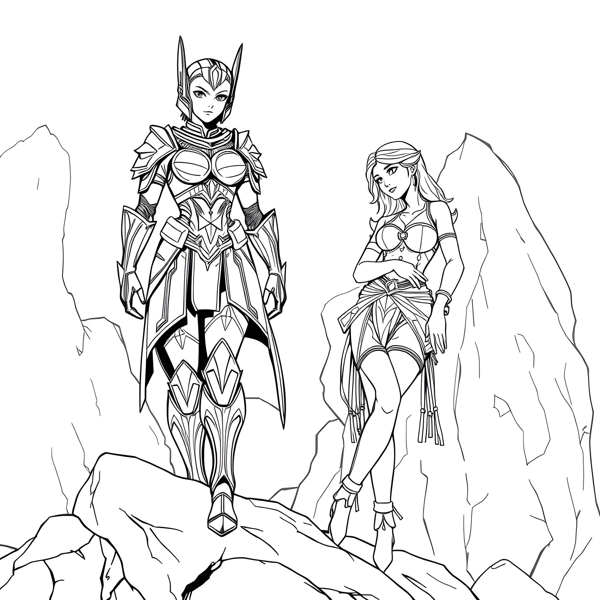 Femshep Commanding Warriors in Epic Battle Coloring Page (free black-and-white line drawing printable PDF for all, from beginners to advanced learners, including children, teens, adults, and seniors)