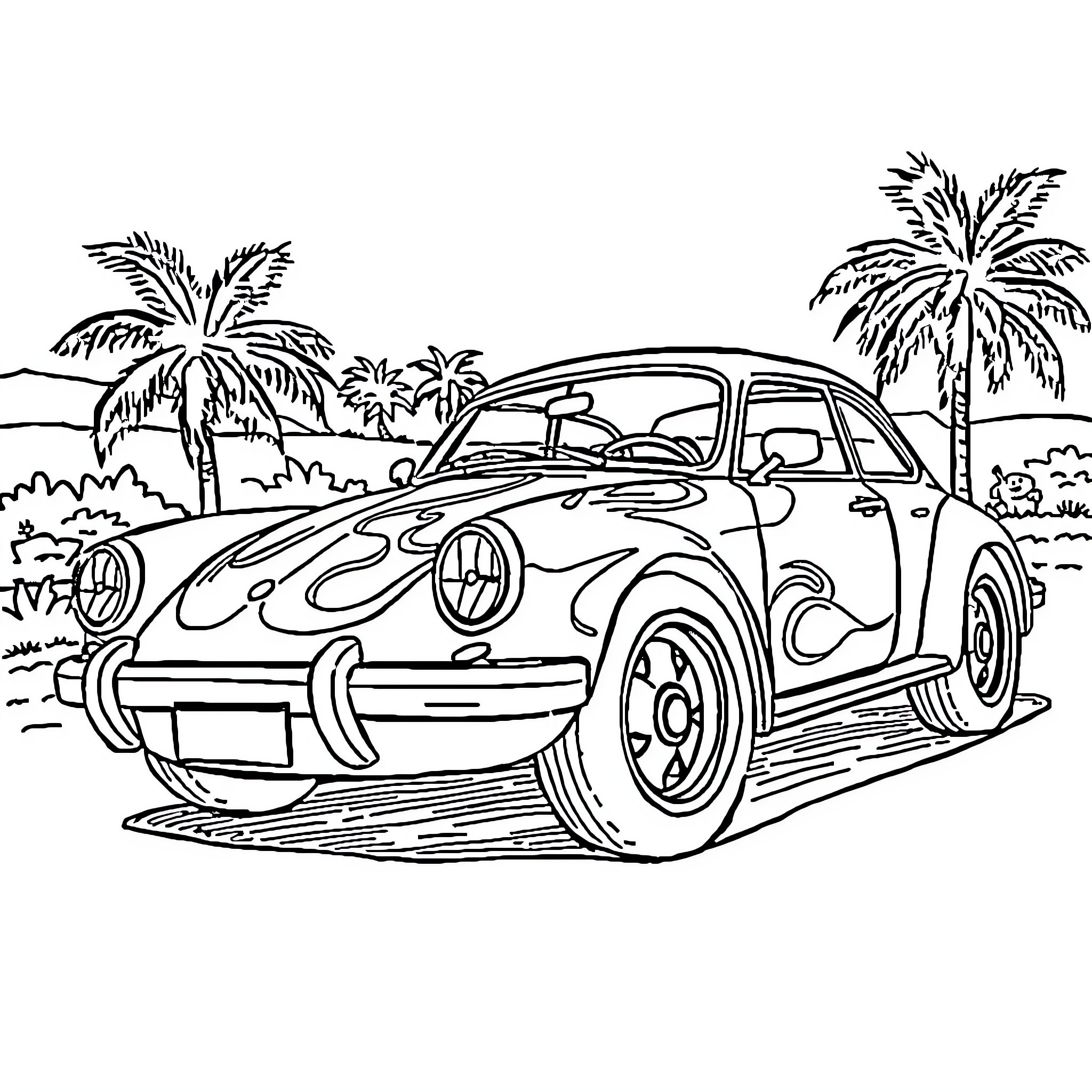 Car on the beach with palm trees Coloring Page (free black-and-white line drawing printable PDF for all, from beginners to advanced learners, including children, teens, adults, and seniors)
