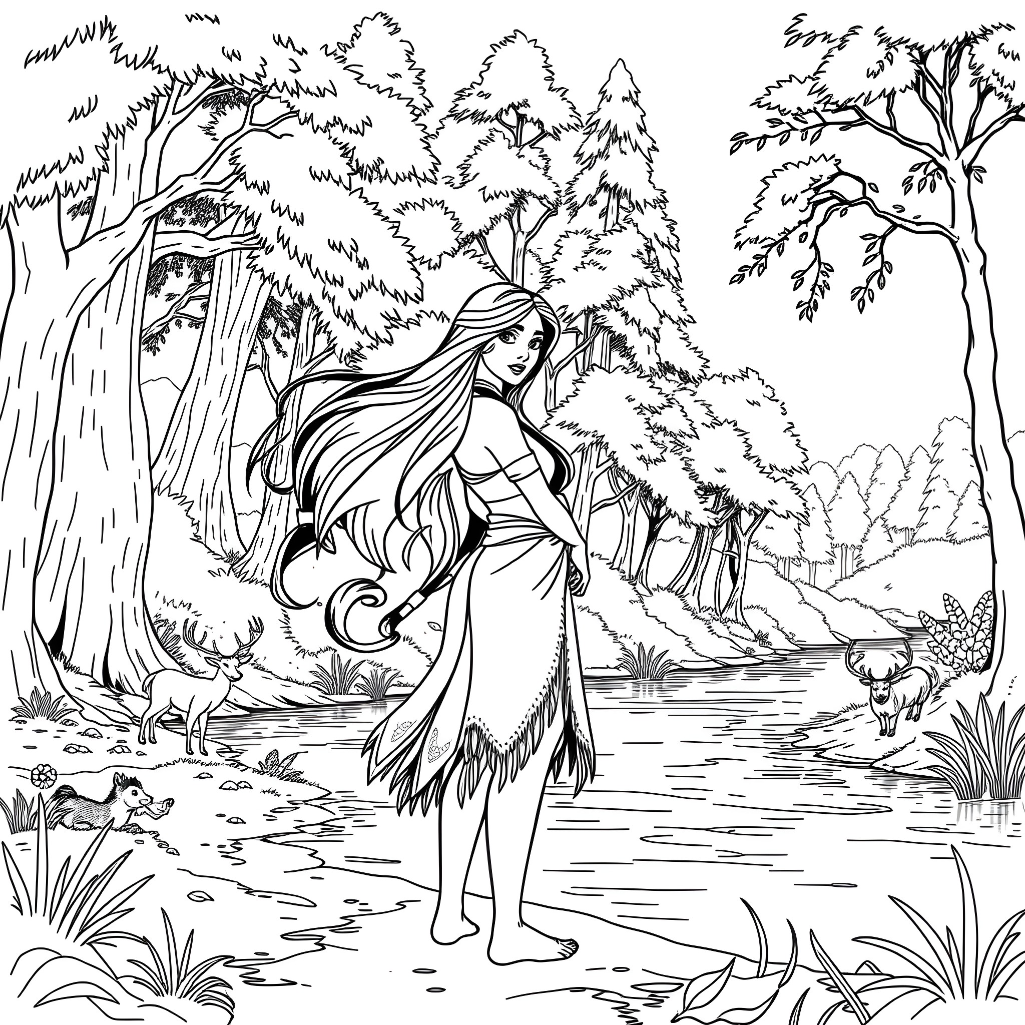 Pocahontas exploring the serene forest landscape Coloring Page (free black-and-white line drawing printable PDF for all, from beginners to advanced learners, including children, teens, adults, and seniors)