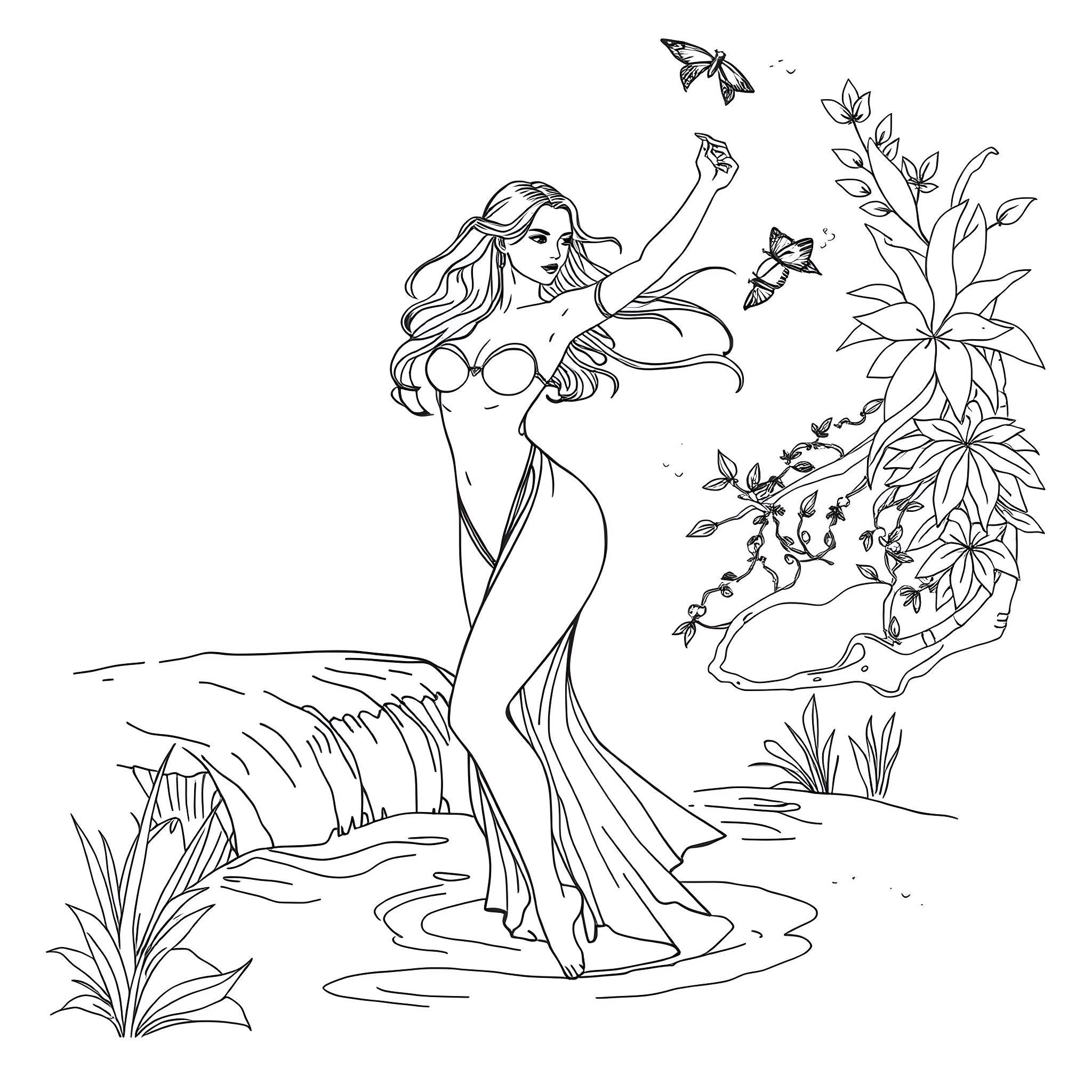 Girl in flowing dress stands among flowers and butterflies Coloring Page (free black-and-white line drawing printable PDF for all, from beginners to advanced learners, including children, teens, adults, and seniors)