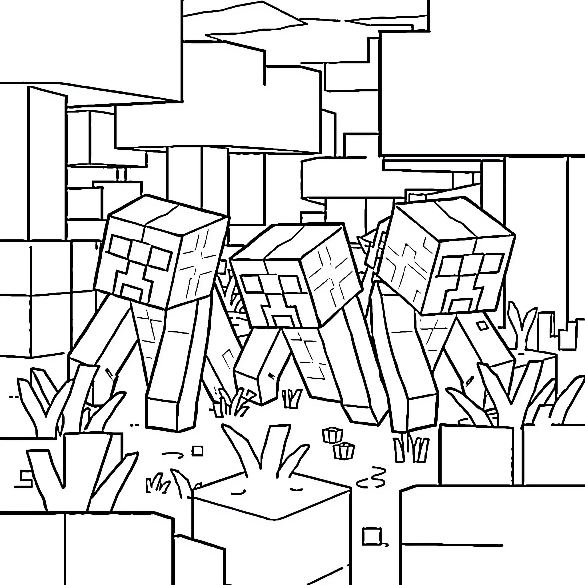 Creepers exploring a geometric landscape Coloring Page (free black-and-white line drawing printable PDF for all, from beginners to advanced learners, including children, teens, adults, and seniors)