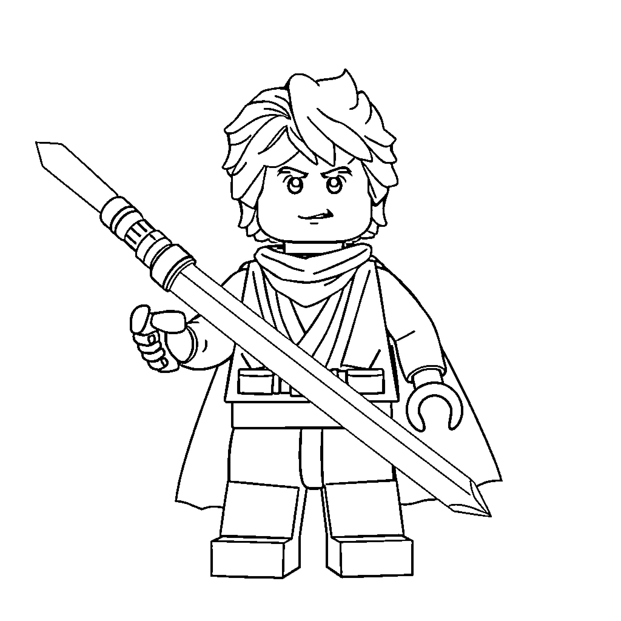 Lego Niño Wielding Lightsaber in Heroic Pose Coloring Page (free black-and-white line drawing printable PDF for all, from beginners to advanced learners, including children, teens, adults, and seniors)